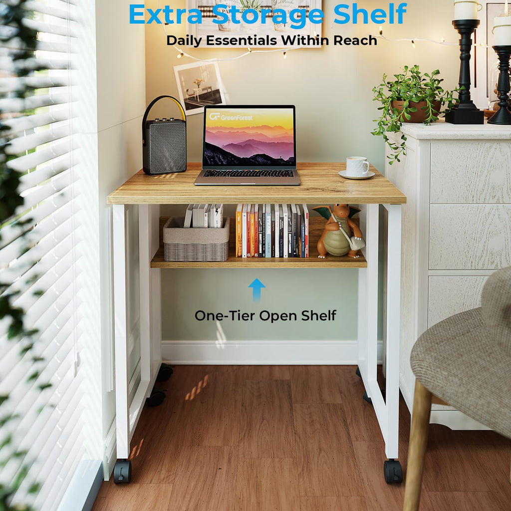 Folding Desk with Wheels, 24.8 Inch Compact Rolling Computer Table with Storage Shelf, Portable Mobile Workstation for Small Spaces, Easy Assembly, Oak