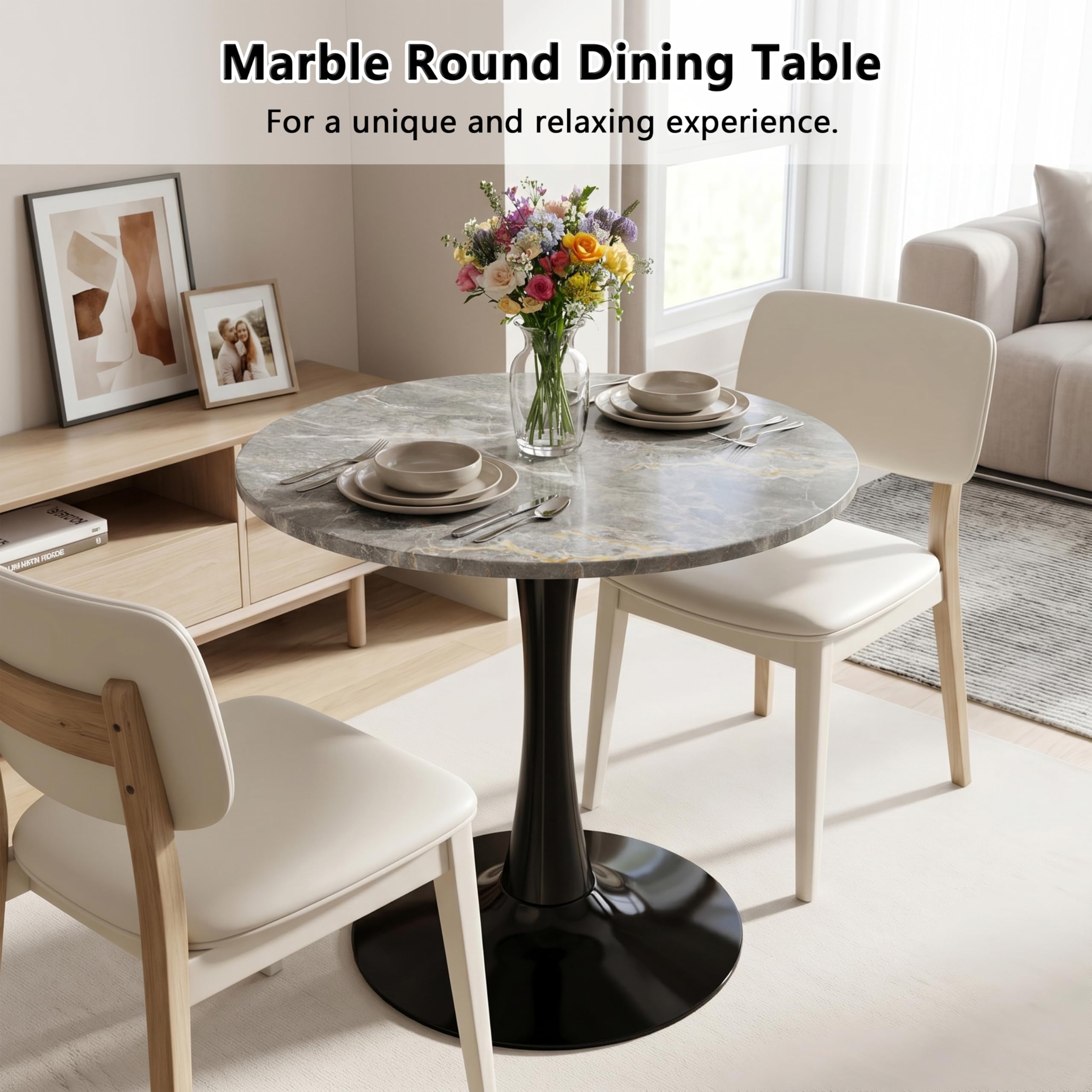 Sybrioka 27.6" Marble Round Tulip Table, Mid-Century Modern Style Dining Table with Black Pedestal Base for 2-4 People, Featuring A Marble Tabletop for Kitchen, Dining Room, Cafe (Dark Grey)