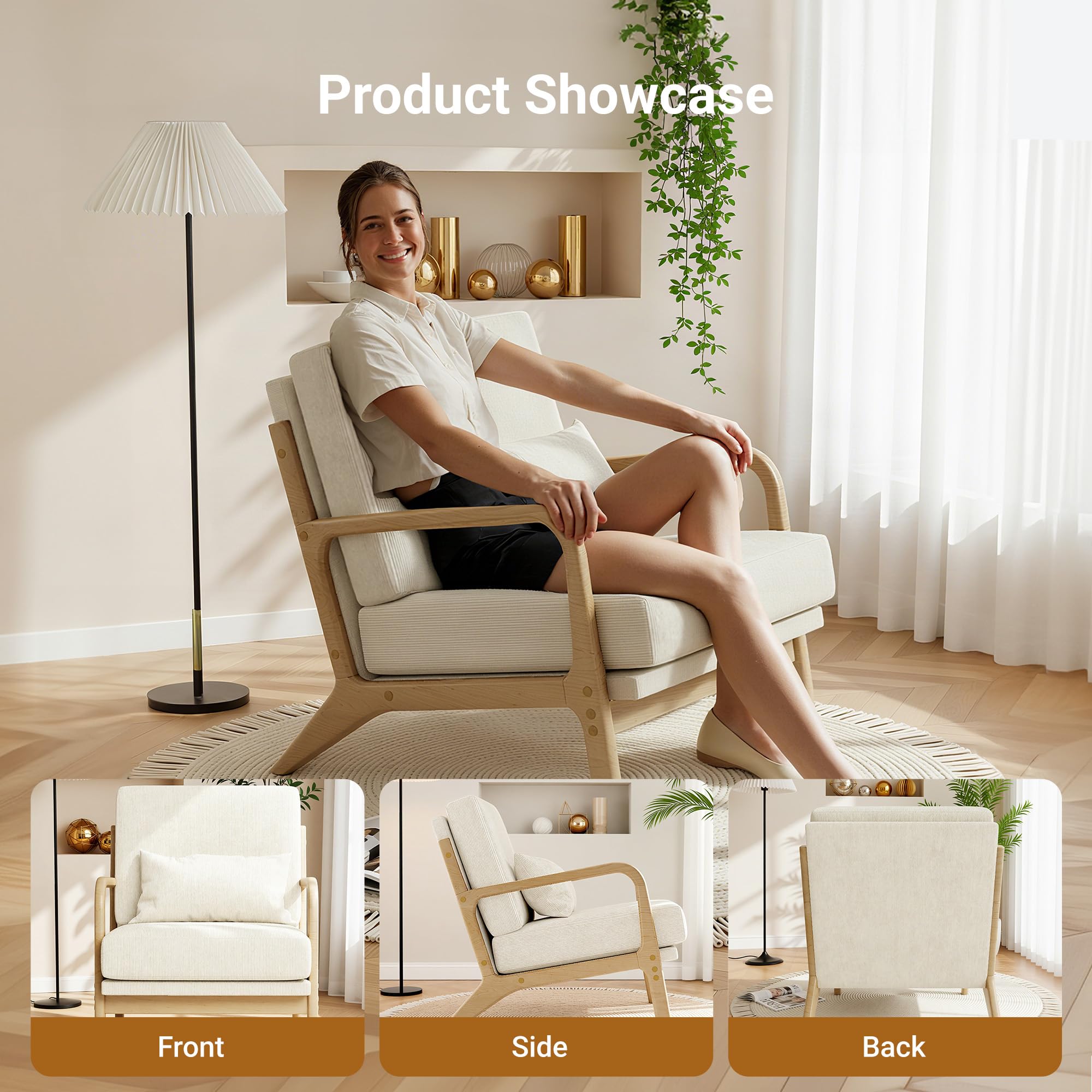 Mid-Century Modern Accent Chair, Armchair with Solid Wood Frame & Lumbar Pillow, Comfy Upholstered Lounge Chair for Office, Bedroom, Corduroy, Beige