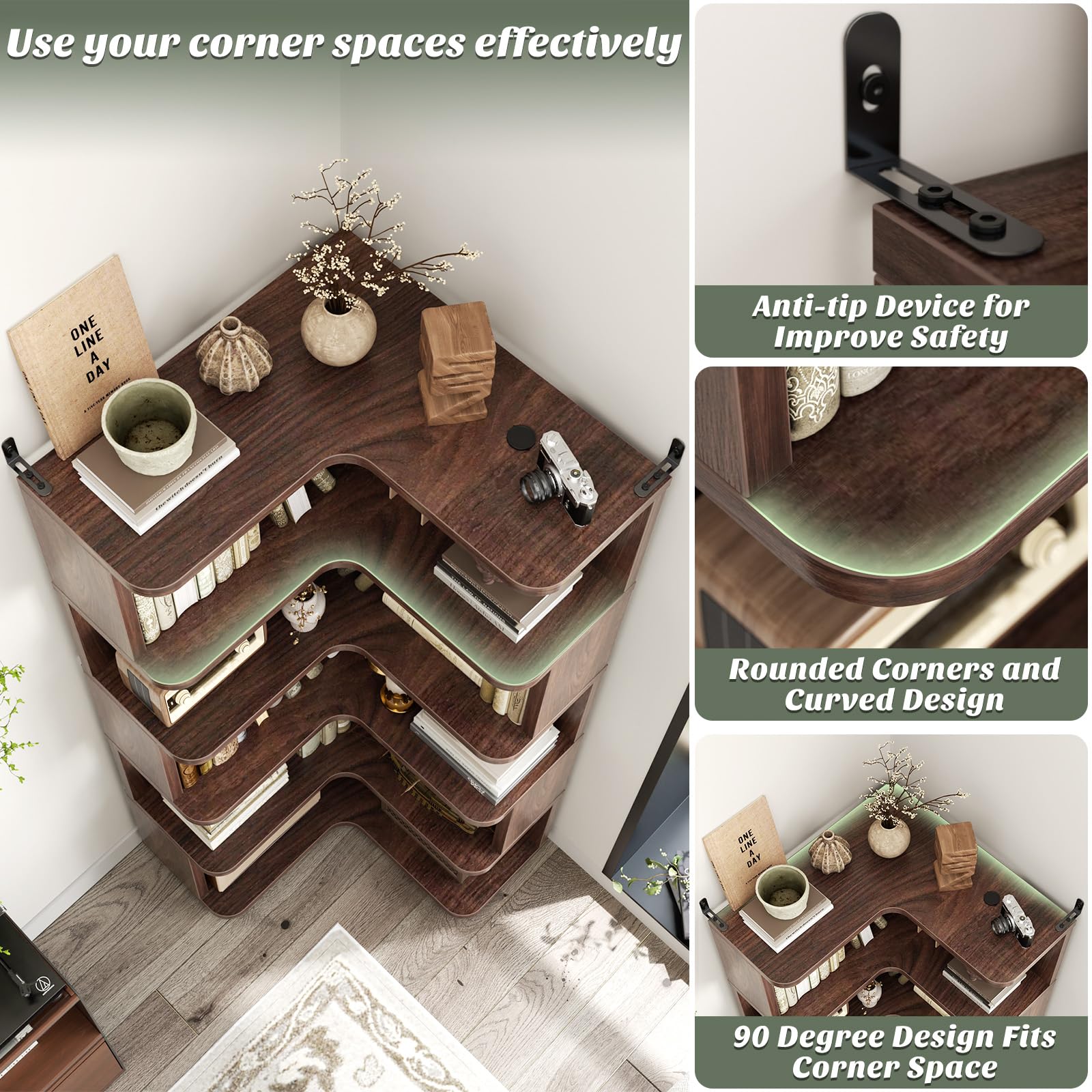 Corner Book Shelf, 6-Shelf L Shaped Corner Bookshelf with Baffle