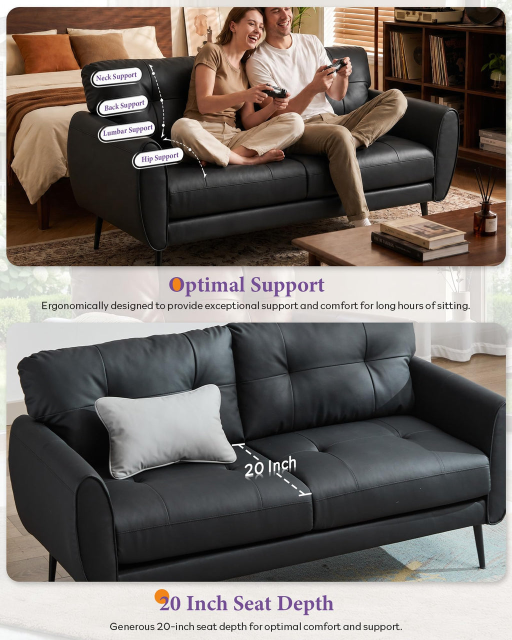 Sofa Couch 61" Small Loveseat Couches for Living Room Leather Couch Mid Century Modern Tufted Mini Sofa Comfy Office 2 Seat Settee Love Seat for Small Spaces Bedroom (2, Black)