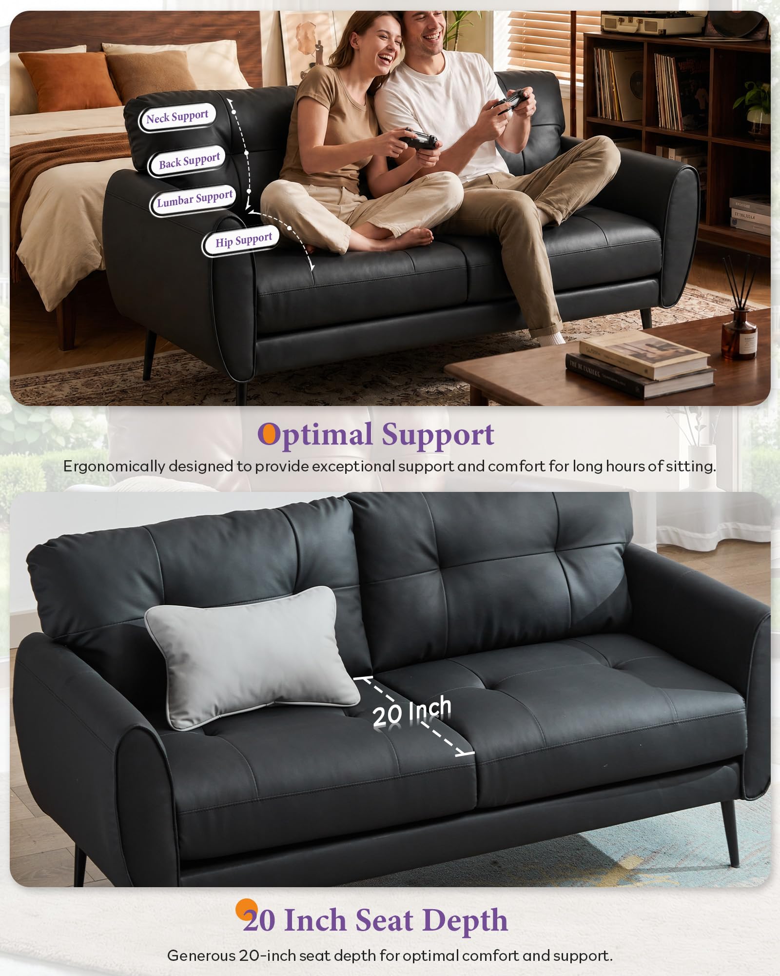 Sofa Couch 61" Small Loveseat Couches for Living Room Leather Couch Mid Century Modern Tufted Mini Sofa Comfy Office 2 Seat Settee Love Seat for Small Spaces Bedroom (2, Black)