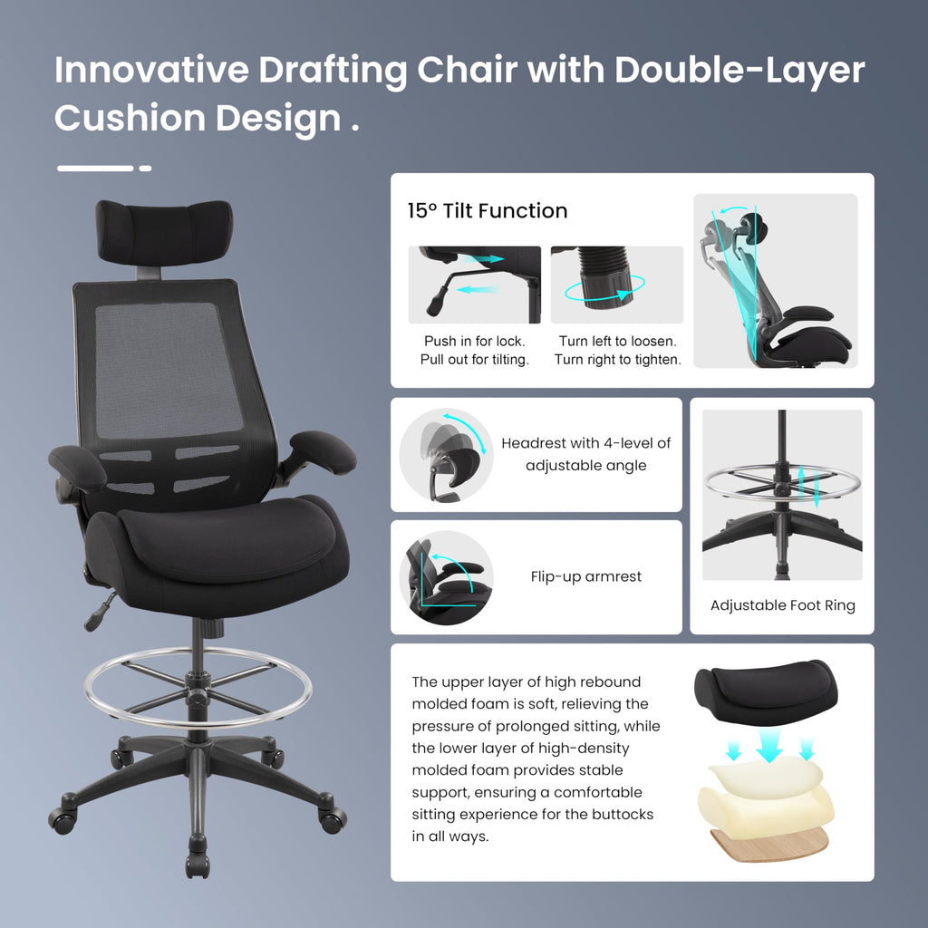 Drafting Chair 400lbs - High Back Ergonomic Office Chair for Standing Desk with Double Thick Seat Cushion, Adjustable Foot Ring, Lumbar Support & Flip Up Armrests (Black)