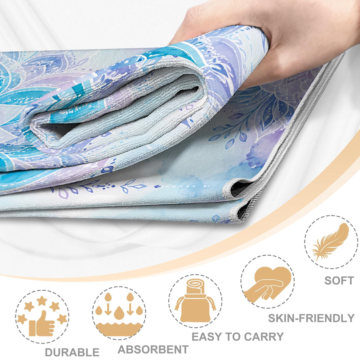 Yoga Towel,Ultra-Absorbent Yoga Mat Towel for Hot Yoga Towel Non Slip,Featuring Ultra-Stylish Prints,Ideal for Workouts,Hot Yoga, Bikram,Pilates Equipment,72 x 27 in, Blue Flowers
