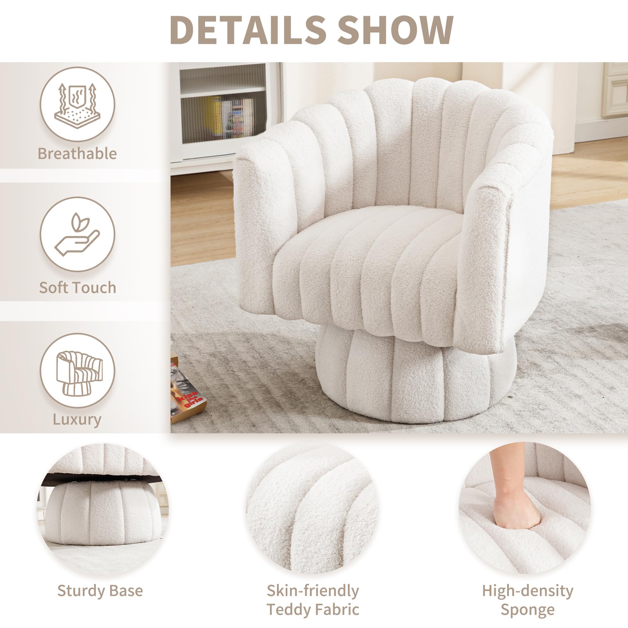 Swivel Accent Barrel Chair - Cute Comfy Small Round 360° Arm Chair Velvet Sofa Club Reading Chair for Office Living Room Bedroom White