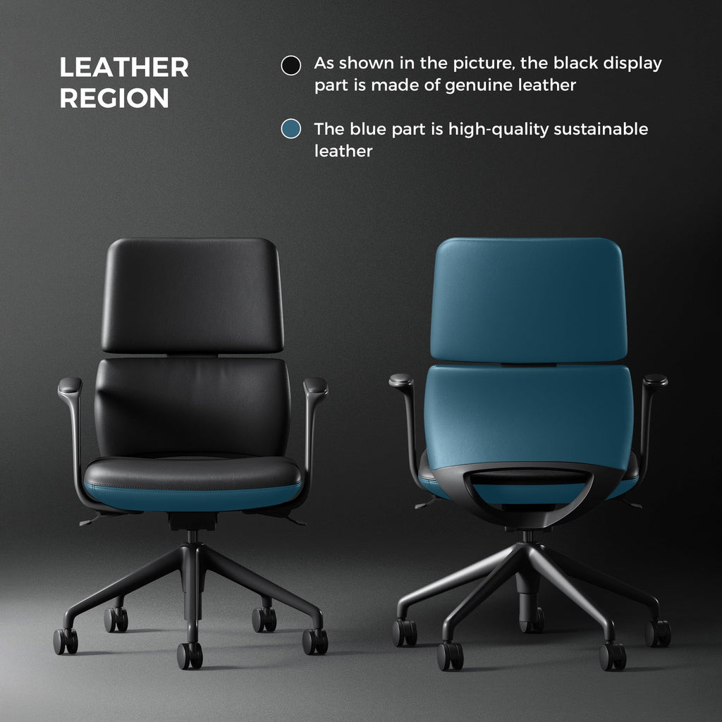 Genuine Leather Office Desk Chair with Wheels, Ergonomic Leather Executive Chair, Mid Back, Swivel Base with Adjustable Tilt, Modern Style, Luxury Aluminum Frame