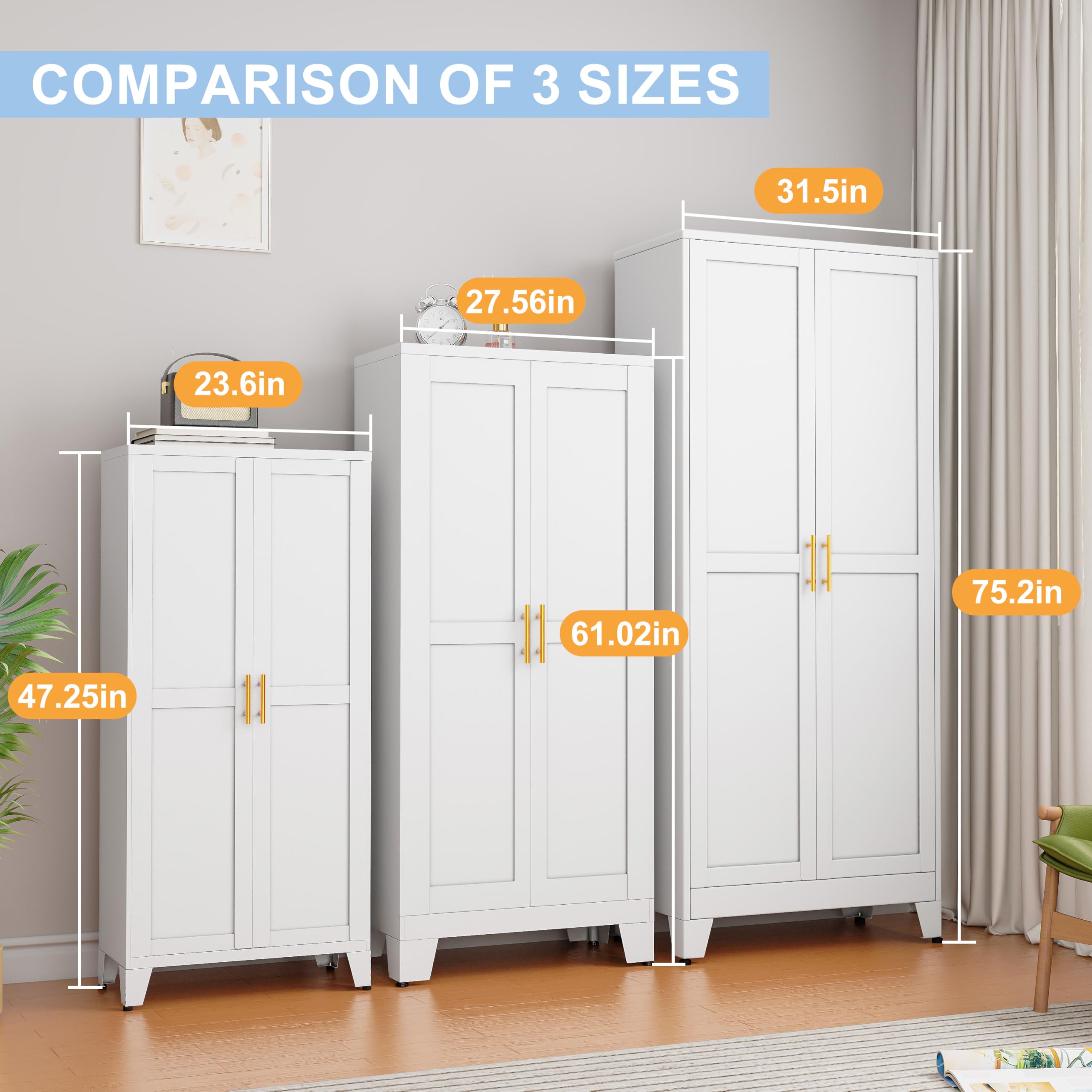 White Pantry Cabinets, 48" Metal Storage Cabinet for Office