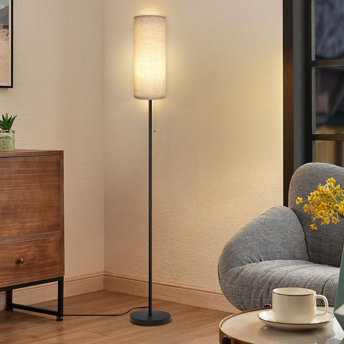 Floor Lamp for Living Room, Modern Standing Lamps with Lampshade, Minimalist Tall Lamp with Chain Switch for Living Room, LED Bulb Included (Beige Shade)