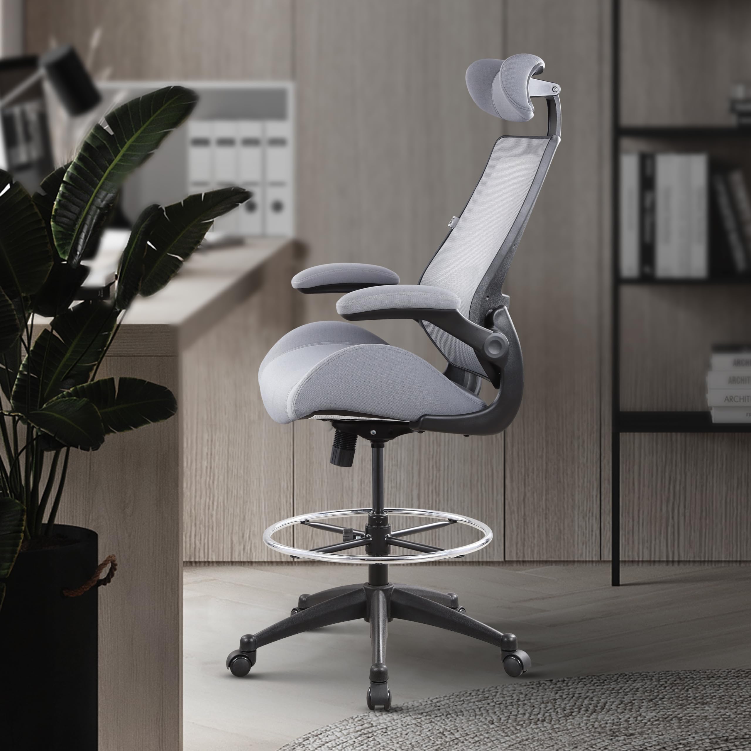 400lbs High Back Computer Office Drafting Chair Flip up Armrests Lumbar Support Adjustable Big Footrest Ring (Grey)