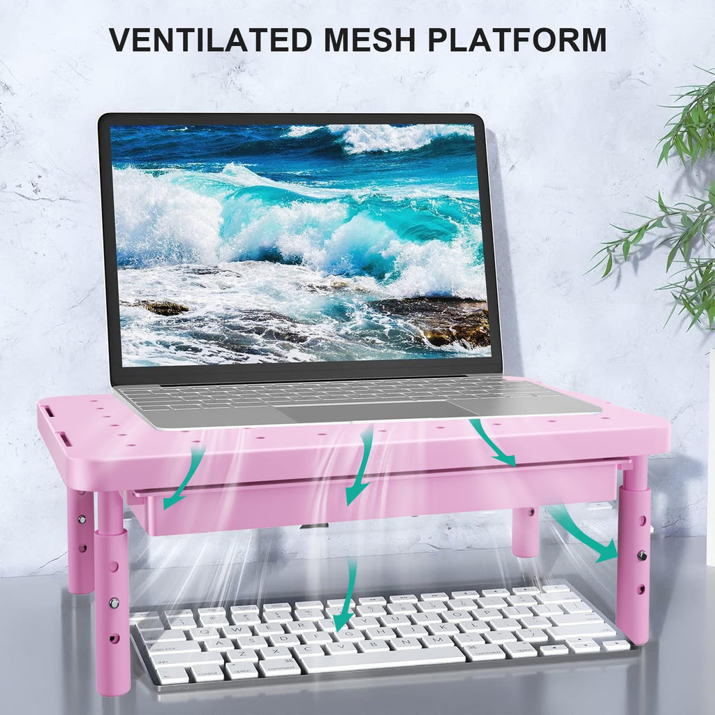 Computer Monitor Stand with Storage, Desk Monitor Riser 3 Height Adjustable, Laptop Riser with Airflow Vents, Desk Organizer for Computer, Laptop, Printer (PTT002-P), 1 Pack, Pink