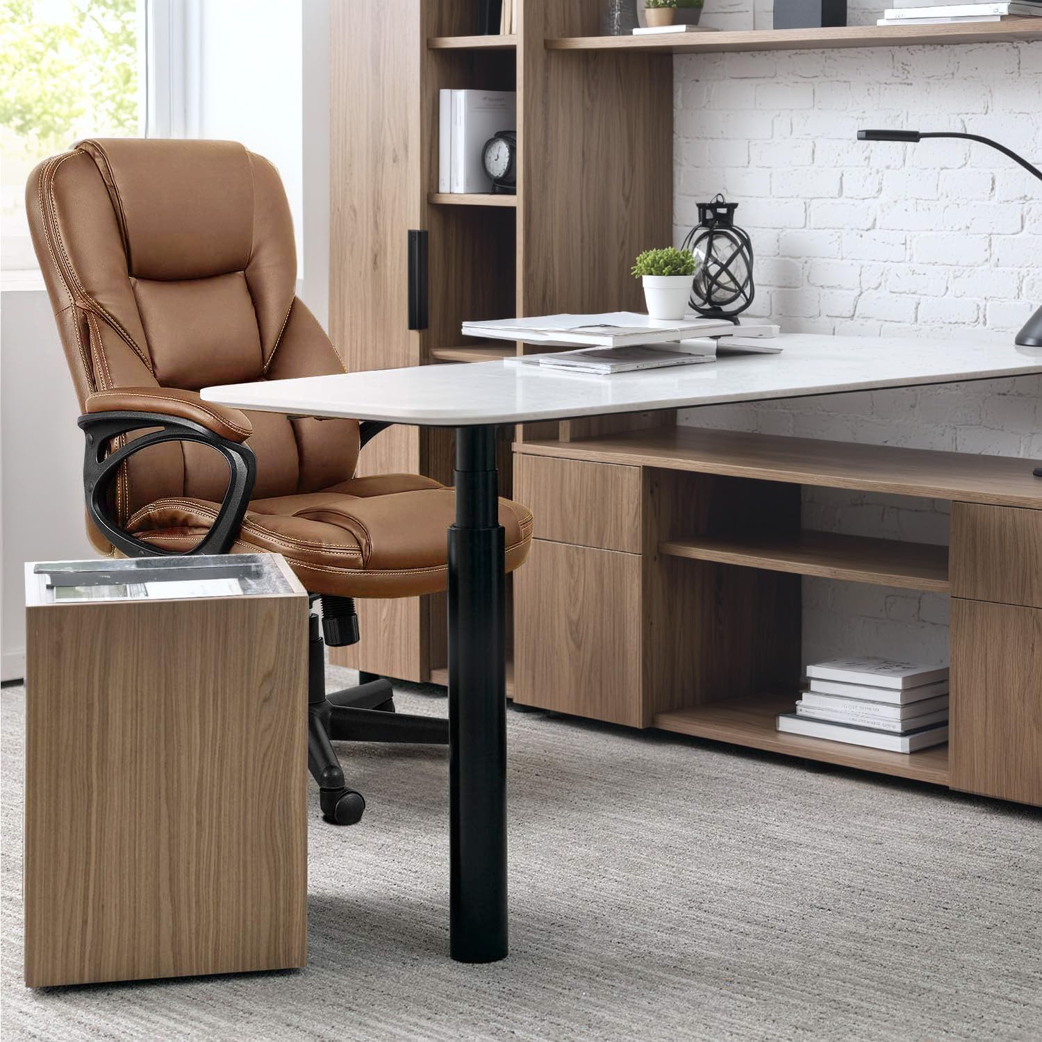 Office Executive Chair High Back Adjustable Managerial Home Desk Chair, Swivel Computer PU Leather Chair with Lumbar Support (1, Light Brown)