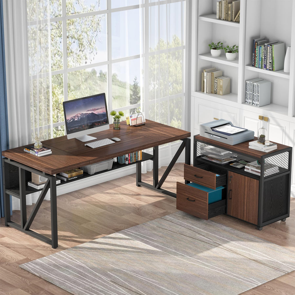 63" Executive Deskwith Drawer Cabinet, L Shaped Desk and lateral File Cabinet, 2 Piece Home Office Furniture Set with Drawers for Hanging, Doors with Locks (Dark Brown, 63 inches)