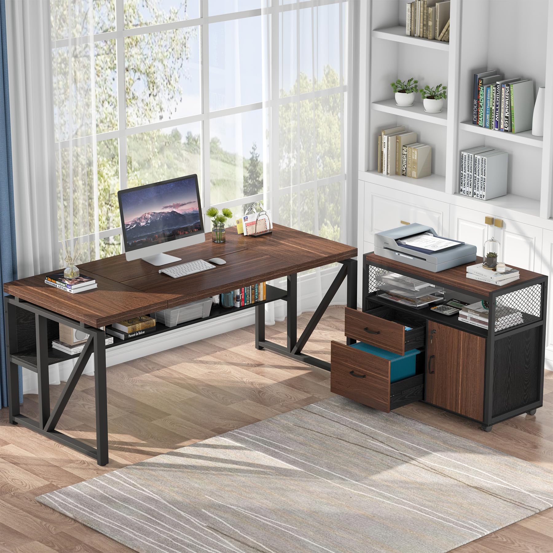 63" Executive Deskwith Drawer Cabinet, L Shaped Desk and lateral File Cabinet, 2 Piece Home Office Furniture Set with Drawers for Hanging, Doors with Locks (Dark Brown, 63 inches)