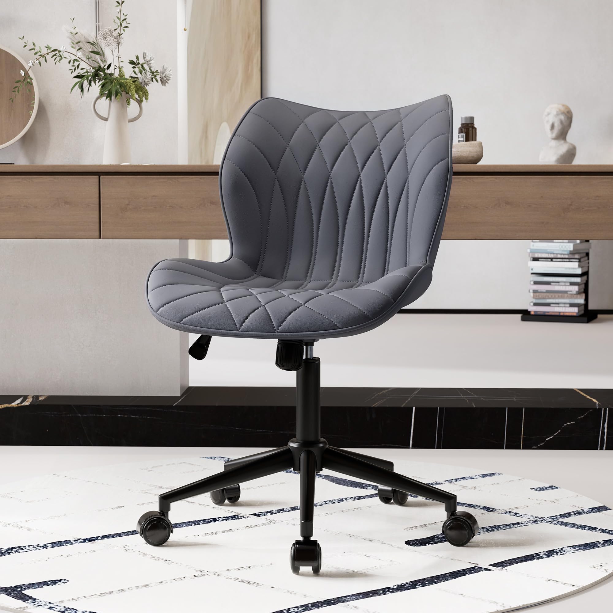 Armless Desk Chair Comfy Office Chair with Wheels HomeTask Chair Adjustable Computer Chairs Modern PU Leather Swivel Chairs Upholstered Makeup Vanity Chair(Grayish Purple)