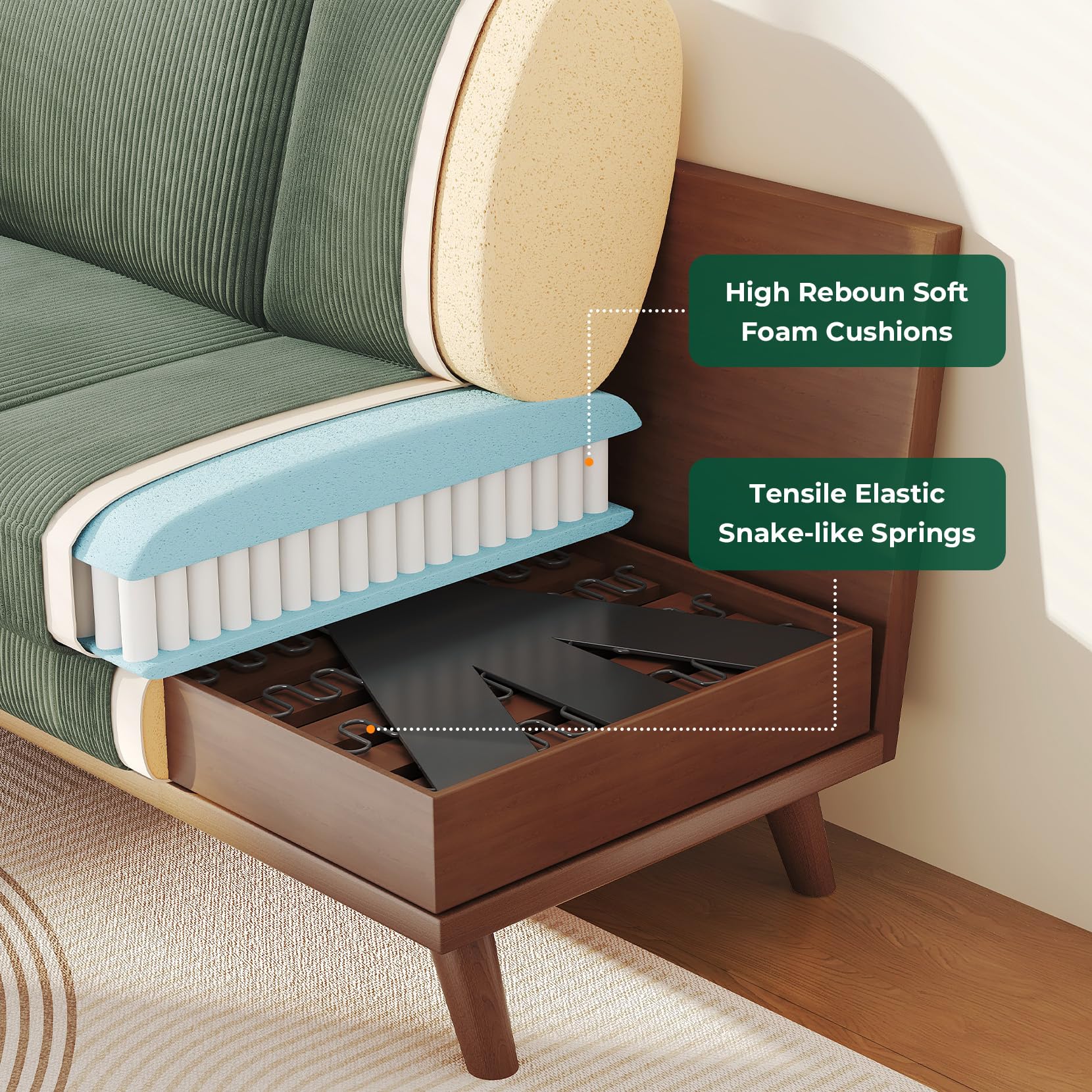 68" Loveseat Sofa - Green, Comfy Corduroy with Spring Cushion, Solid Wood Frame, Modern Deep Seat, Bedroom & Living Room, Office Couch
