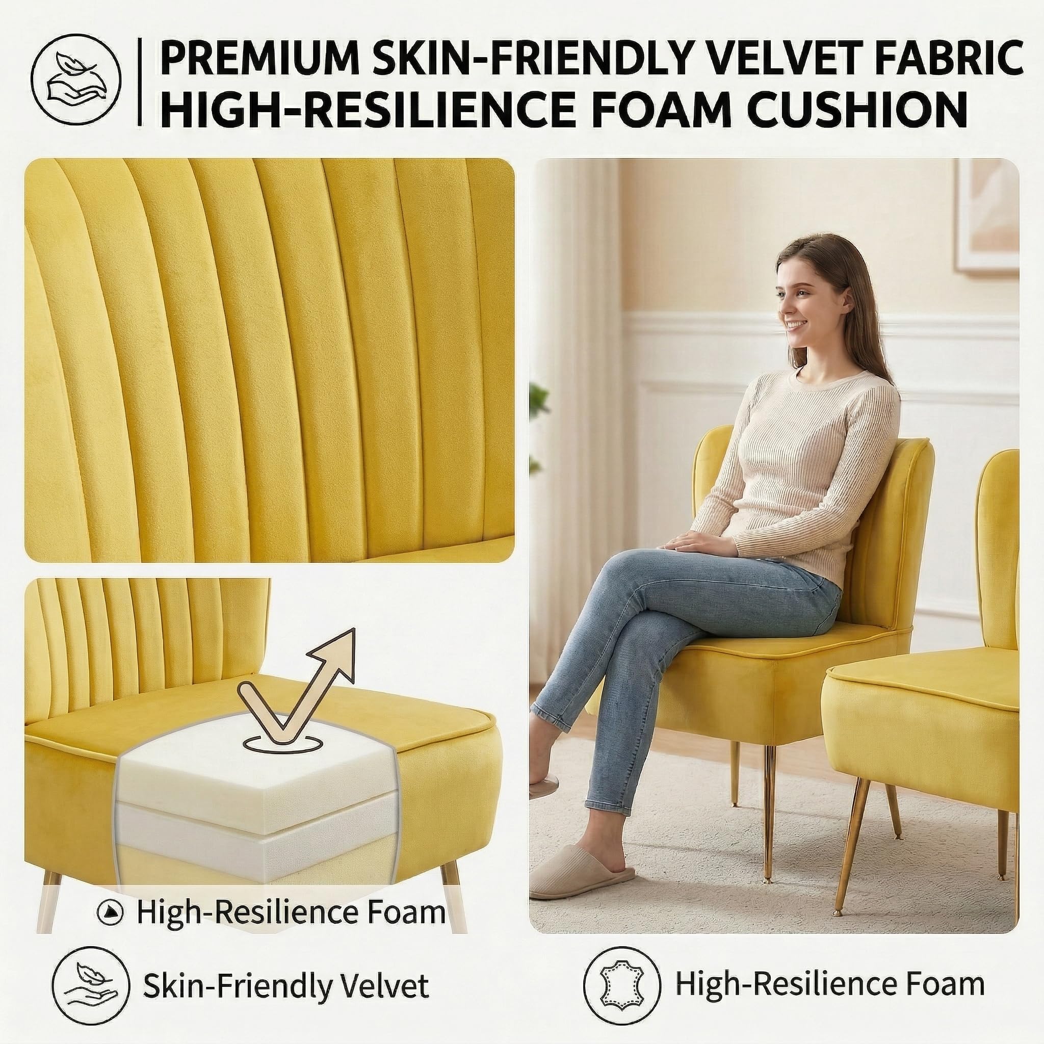 Modern Velvet Accent Chairs Set of 2, Comfy Slipper Chair with Heavy Duty Iron Frame & Gold Legs, Mid Century Side Sofa Chair for Living Room Bedroom Vanity（Yellow）