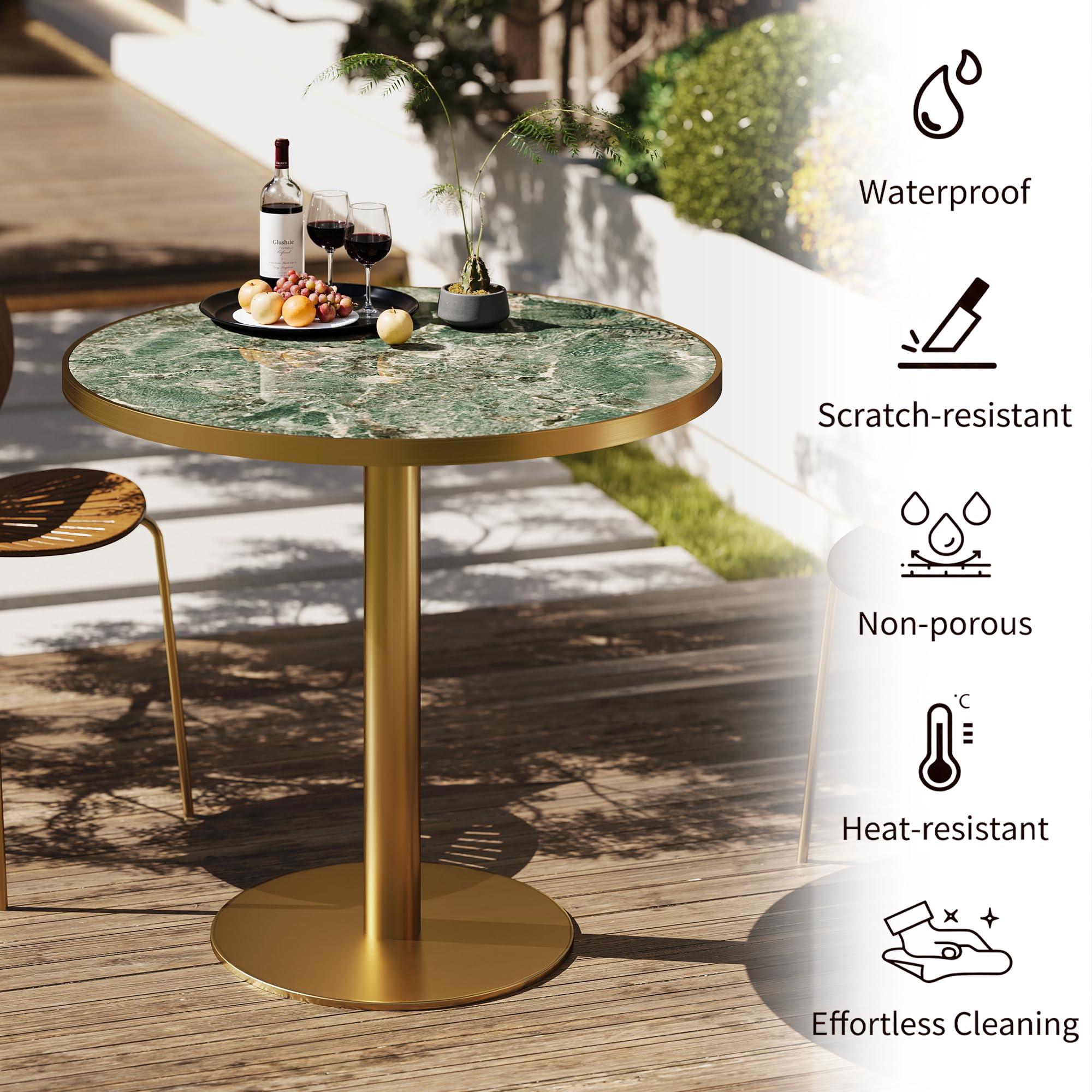 hausway 31.5" Tulip Table,Round Kitchen Dining Table for 2-4 with Thick Sintered Stone Top,Titanium Golden Pedestal Base,Heat-Resistant,Bistro Table for Dining Room,Café,Small Space（Emerald Essence）