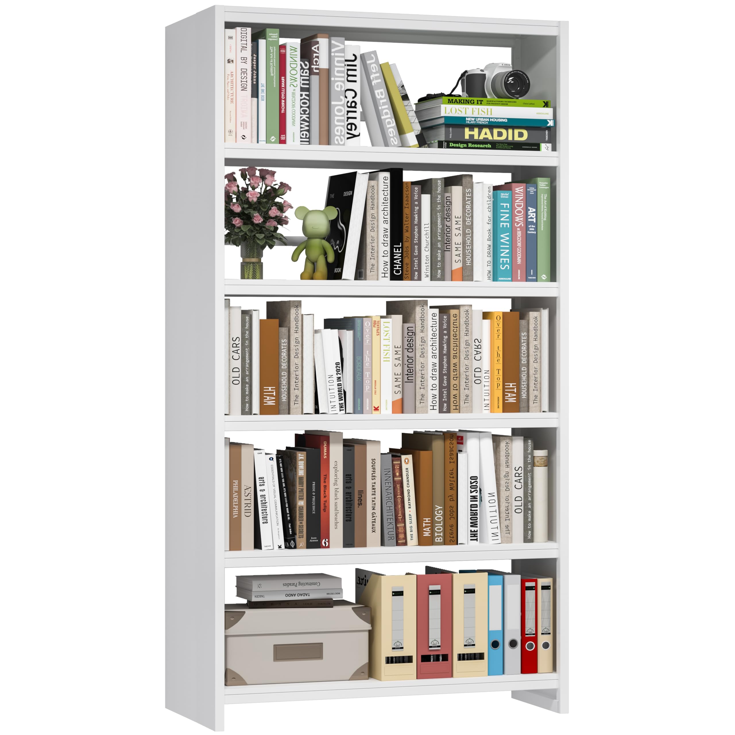 69" White Bookshelf, 5 Tier Tall Bookcase with Bookend, Large Metal Book Shelf Display Storage Shelves for Bedroom Living Room Office