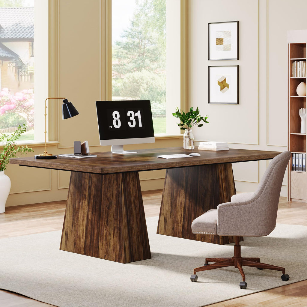 63-Inch Executive Desk, Large Office Computer Desk with Double Pedestal, Modern Simple Workstations Writing Table Conference Table Business Furniture for Home Office, Rustic Brown