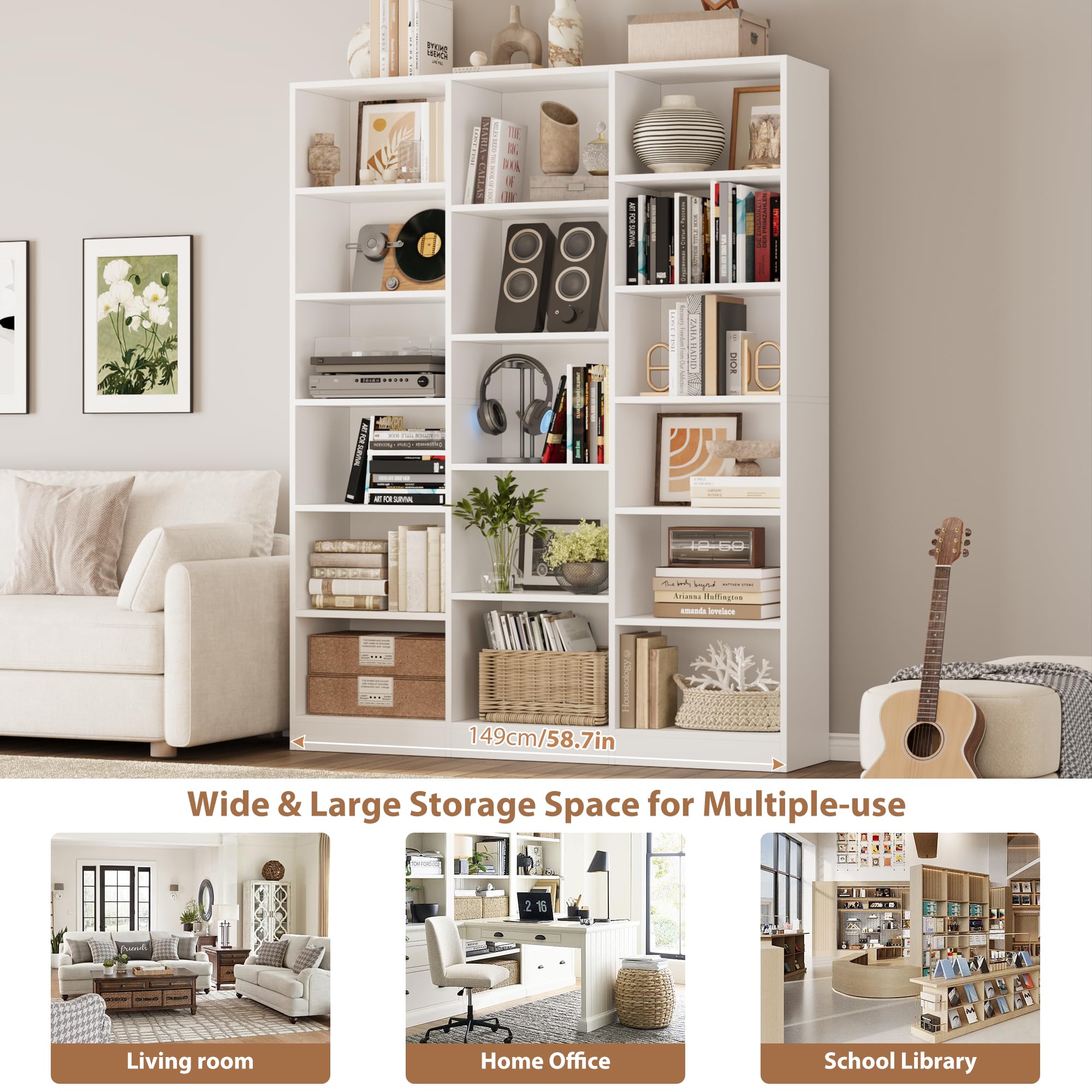 Triple Wide Bookshelf, Large Bookshelf with 17 Display Shelves
