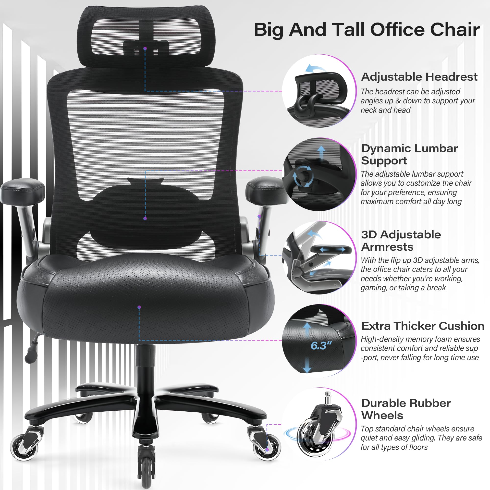 600lbs Big and Tall Office Chair- Heavy Duty Executive Computer Chair with 3D Flip Arms Large Wheels, Ergonomic Mesh High Back Desk Chair, Extra Wide Seat Adjustable Lumbar Support&Headrest