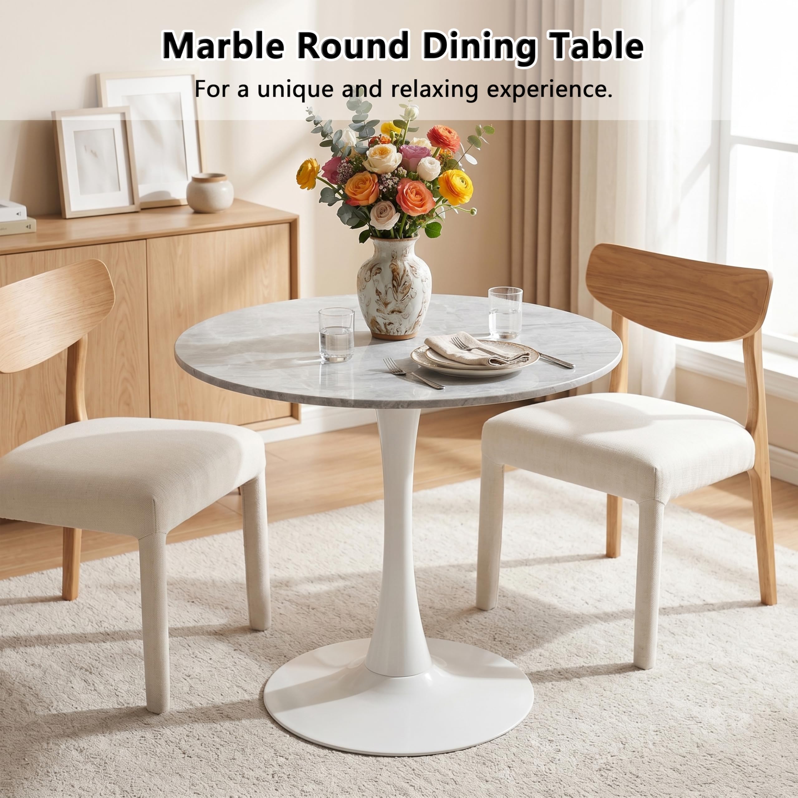 Sybrioka 27.6" Marble Round Tulip Table, Mid-Century Modern Style Dining Table with White Pedestal Base for 2-4 People, Featuring A Marble Tabletop for Kitchen, Dining Room, Cafe (Light Grey)
