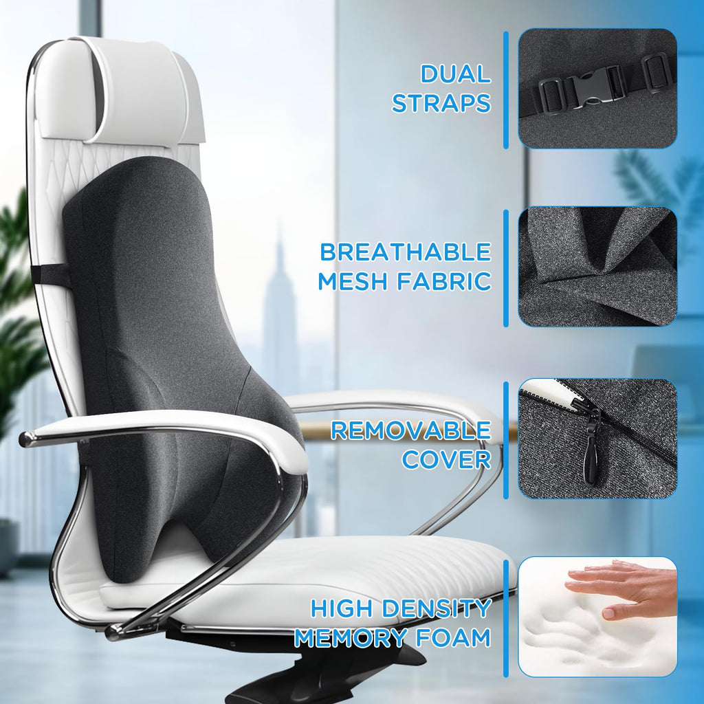 High Back Support Pillow for Office Chair, Fully Support Back Cushion - Memory Foam Lumbar Support Pillow for Office Chair, Desk, Gaming Chair, Promotes Posture Pain Relief Adjustable Straps