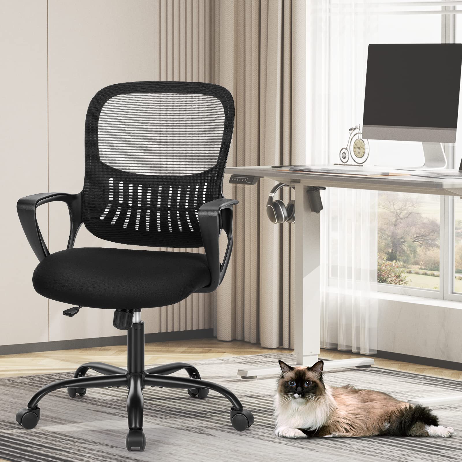 Home Office Managerial Executive Chair with Ergonomic Design, Mid-Back Mesh Swivel, Comfortable Lumbar Support, Comfy Arms for Bedroom,Study,Student, Black