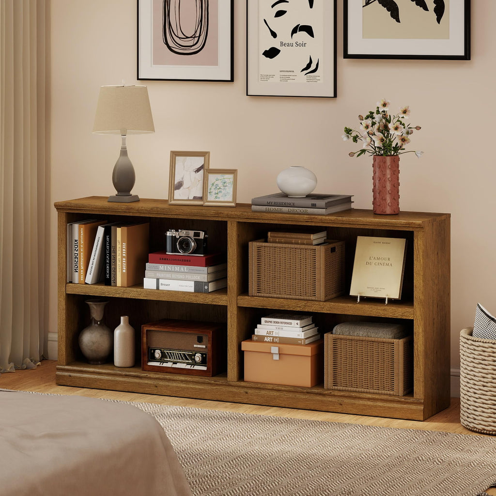 64" W Double Wide Open Shelf Bookcase, 2 Tiers 4 Storage Cube Book Case