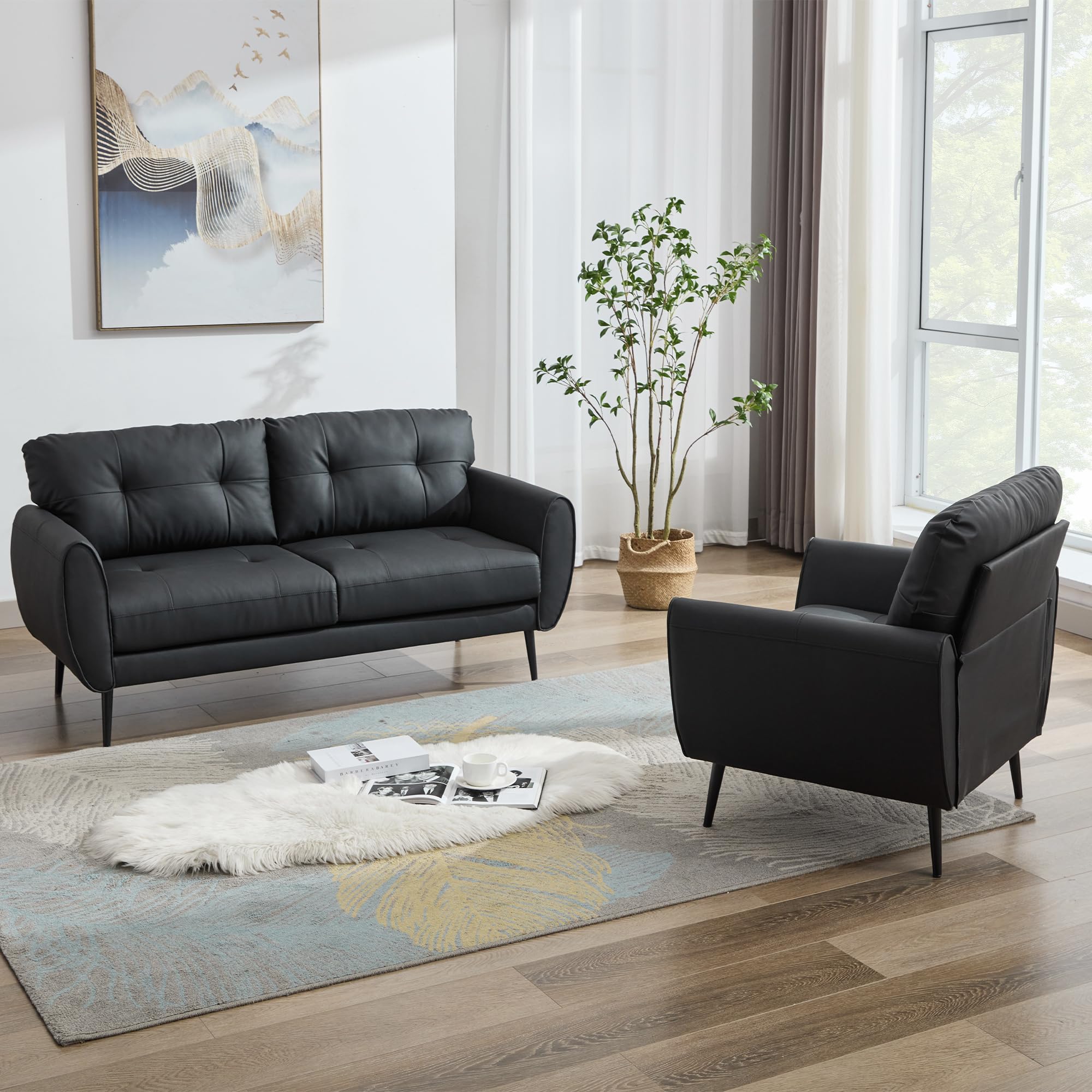 Sofa Couch 61" Small Loveseat Couches for Living Room Leather Couch Mid Century Modern Tufted Mini Sofa Comfy Office 2 Seat Settee Love Seat for Small Spaces Bedroom (2, Black)