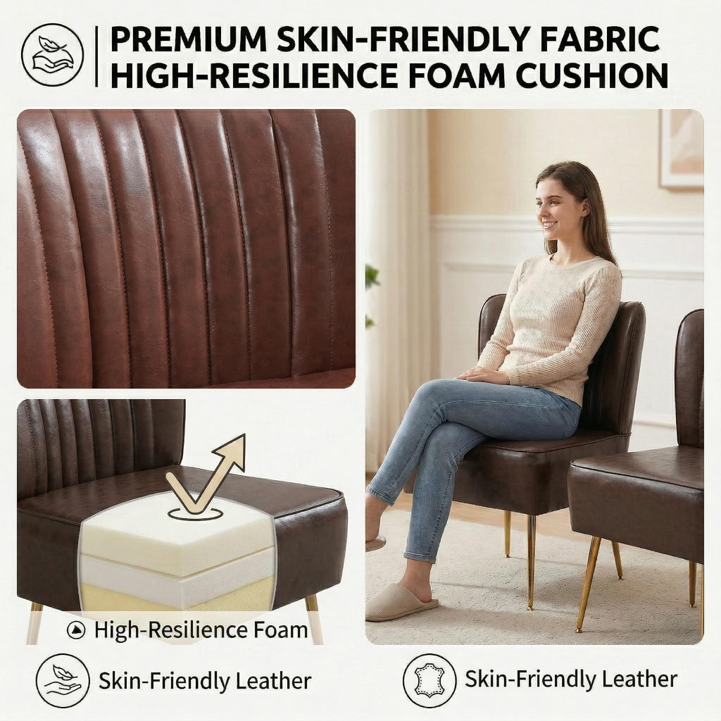 Modern Leather Accent Chairs Set of 6, Vintage Slipper Chair with Heavy Duty Iron Frame & Gold Legs, Mid Century Side Sofa Chair for Living Room Office(Brwon)