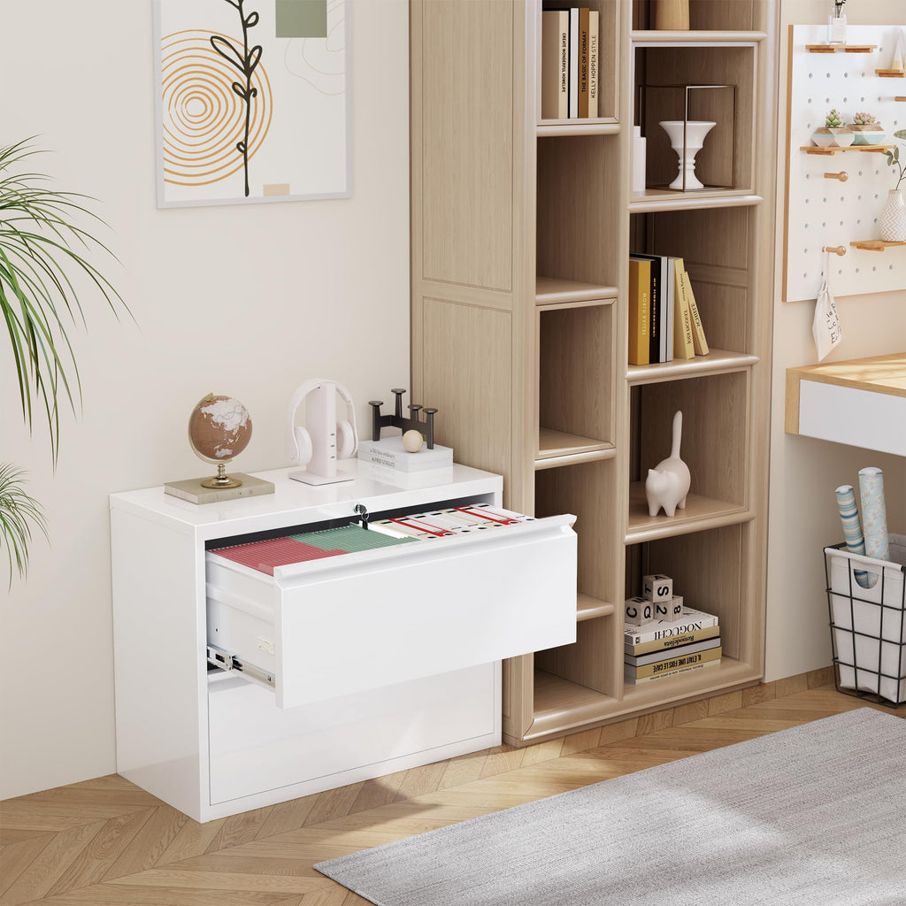 Lateral File Cabinet 2 Drawer, White Metal File Cabinets for Home Office, Locking File Cabinet for Letter/Legal/F4/A4 Size Hanging Files, Easy Assembly
