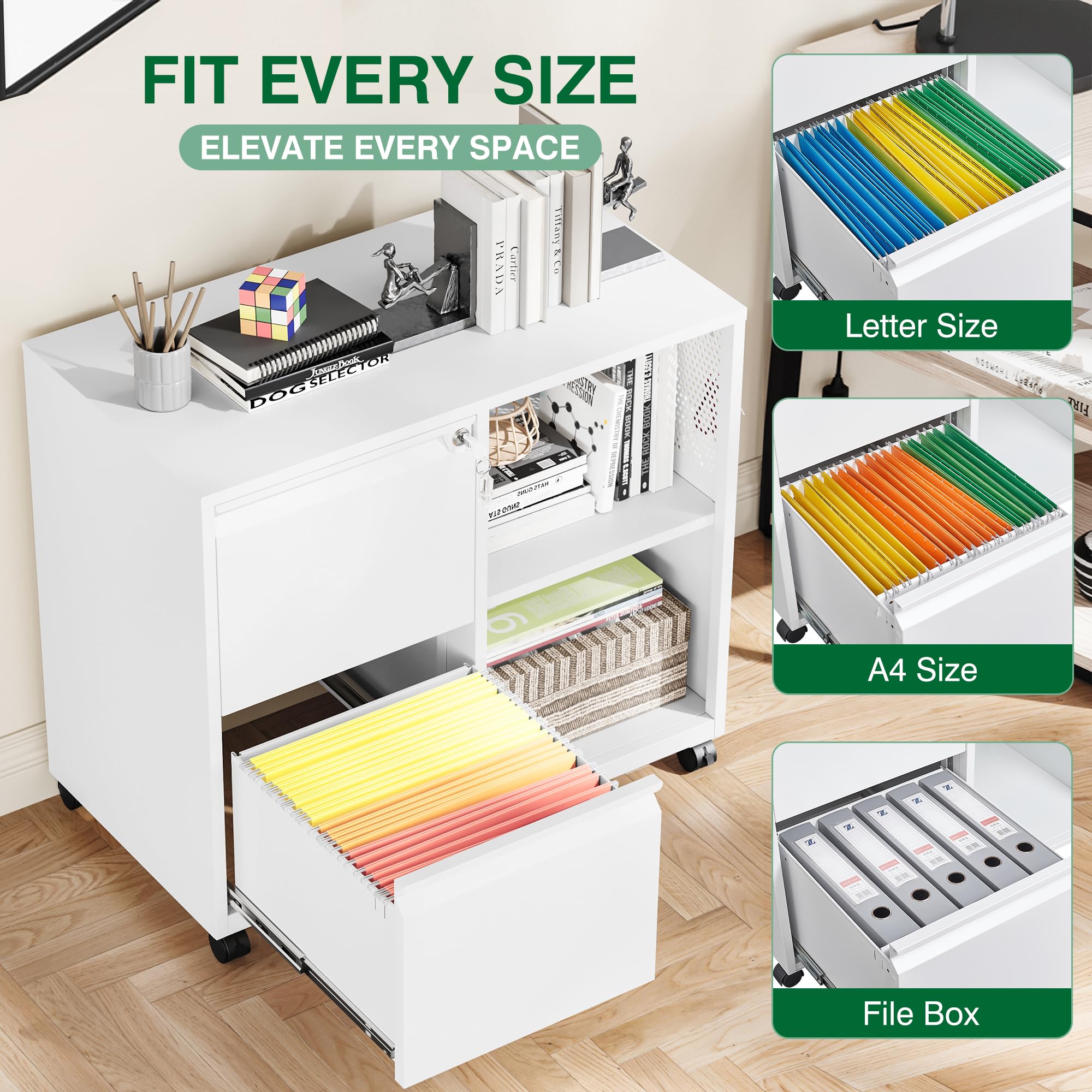 Metal 2 Drawer File Cabinet with Side Hook, Lockable Lateral Filing Cabinet for Letter/A4/Legal Size Files,Rolling Printer Stand with Adjustable Shelf & Lockable Wheelss for Home Office(White)