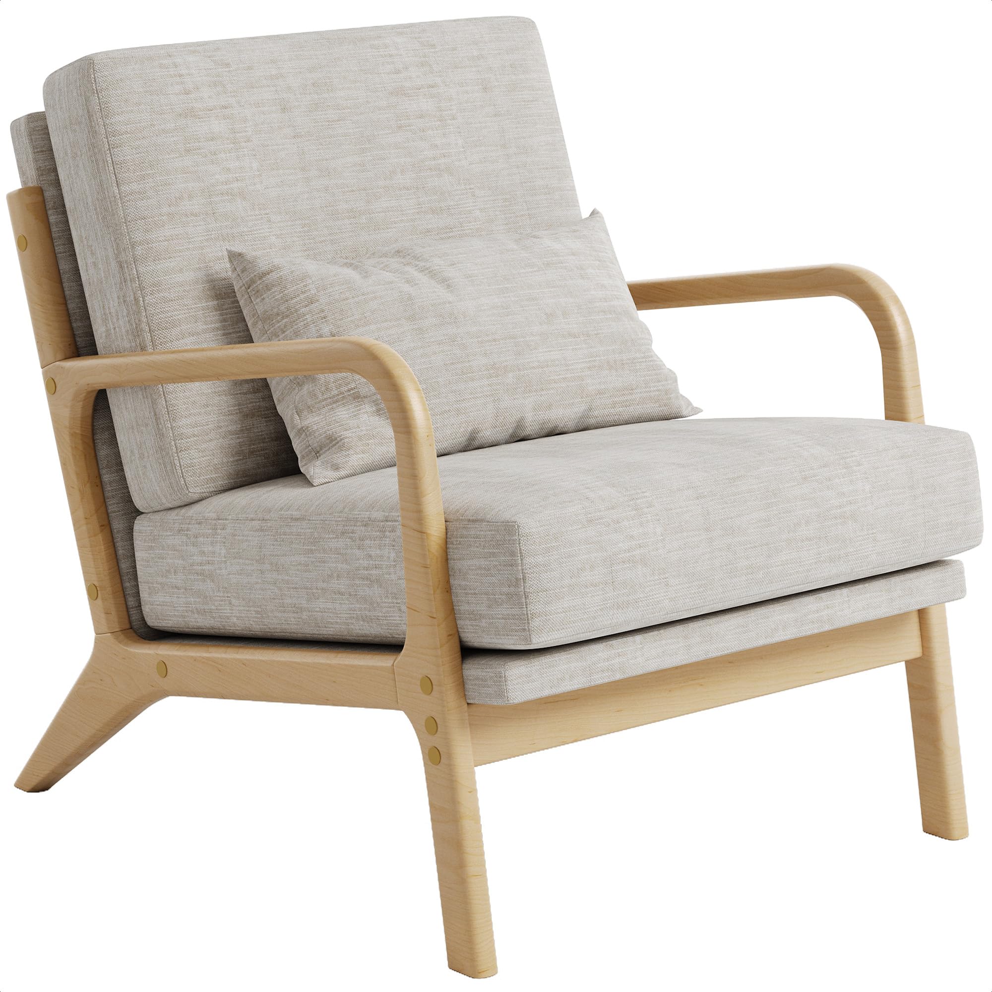 Mid-Century Modern Accent Chair, Armchair with Solid Wood Frame & Lumbar Pillow, Comfy Upholstered Lounge Chair for Office, Bedroom, Linen-Like Fabric, Light Gray