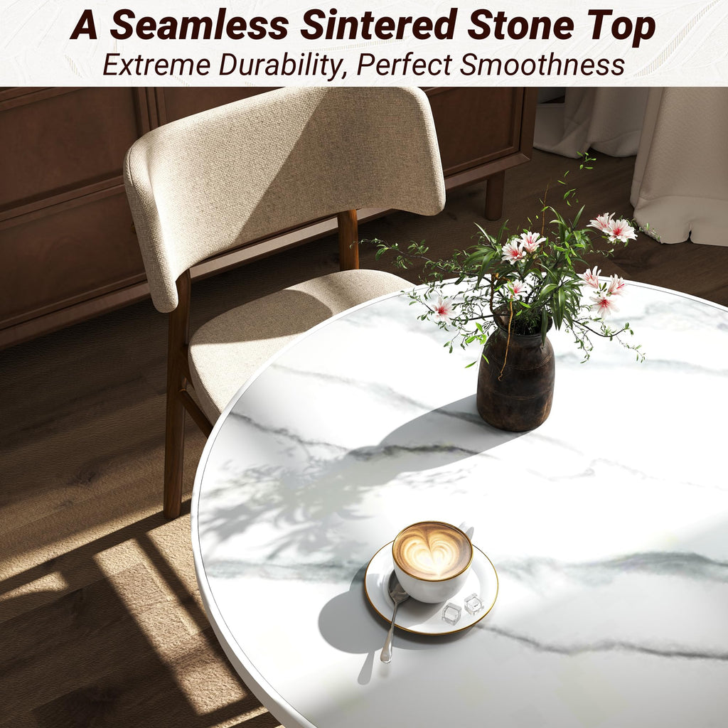hausway 31.5" Tulip Table,Round Kitchen Dining Table for 2-4 with Thick Sintered Stone Top,Titanium Golden Pedestal Base,Heat-Resistant,Bistro Table for Dining Room,Café,Small Space（White Glacial）