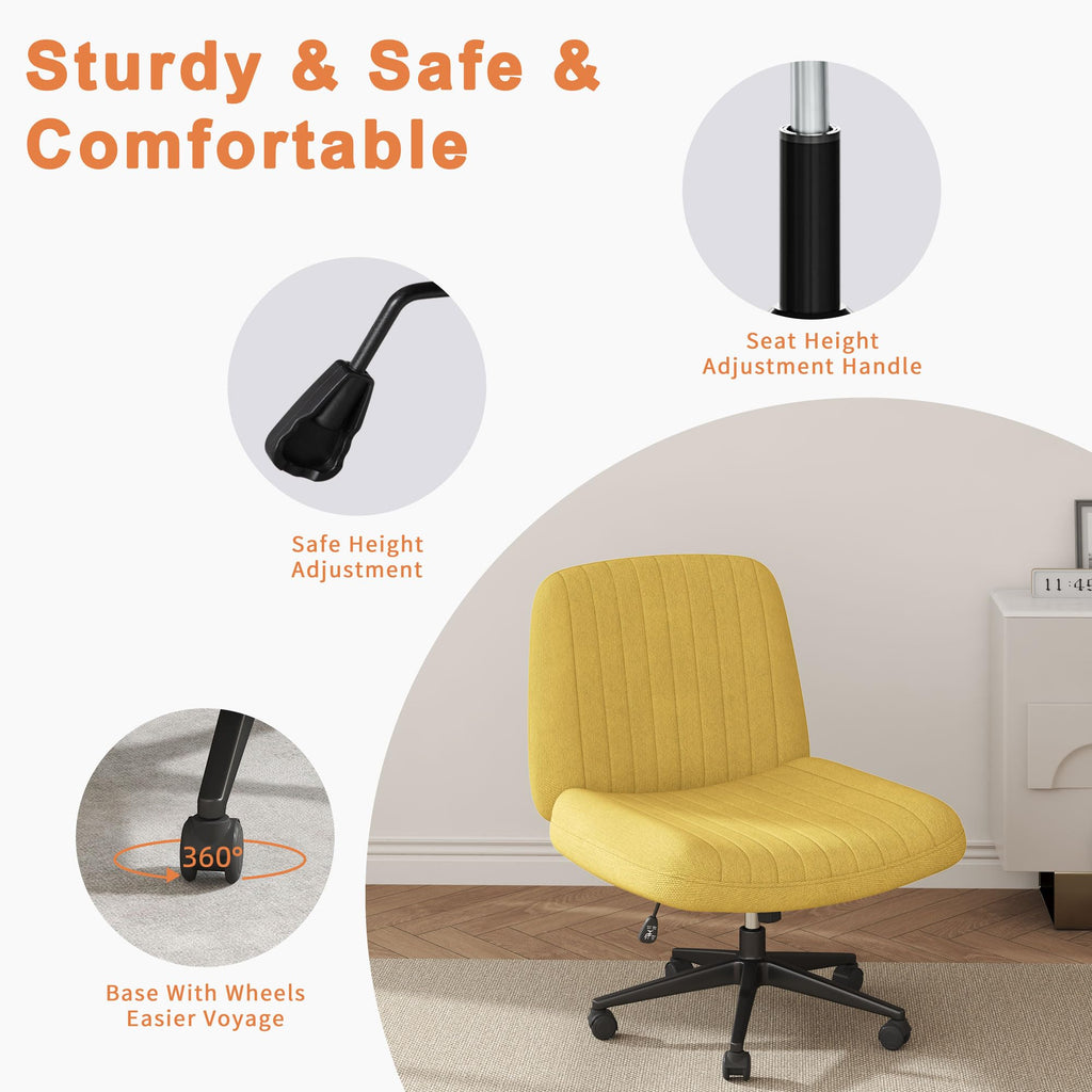 Criss Cross Chair,Cross Legged Office Seat with Wheels Armless Swivel Vanity Chair,Height Adjustable Wide Computer Task Seating for Home Office,Yellow ﻿