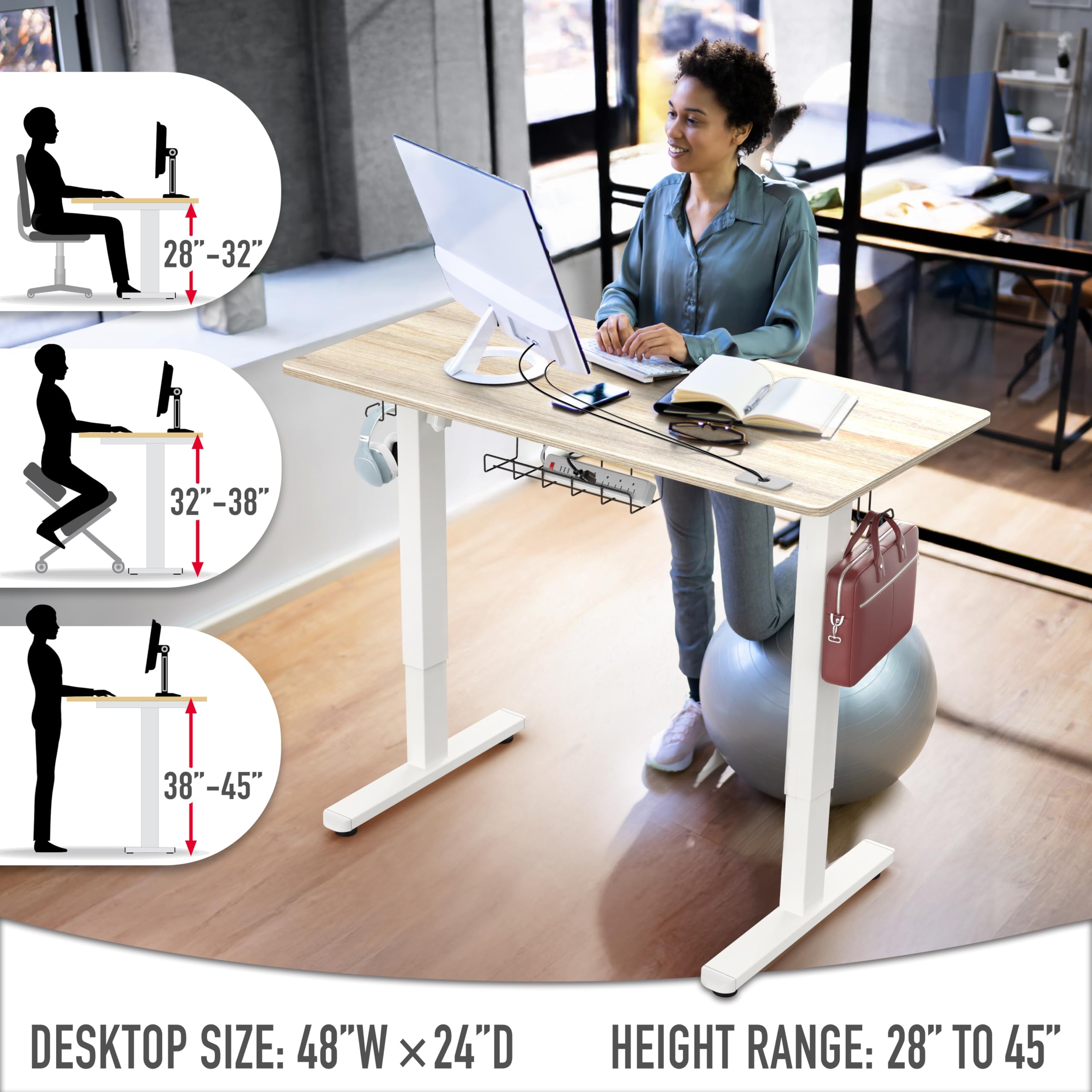 48-Inch Electric Height Adjustable Standing Desk with Drawer, Memory Preset and Cable Management Tray, Maple