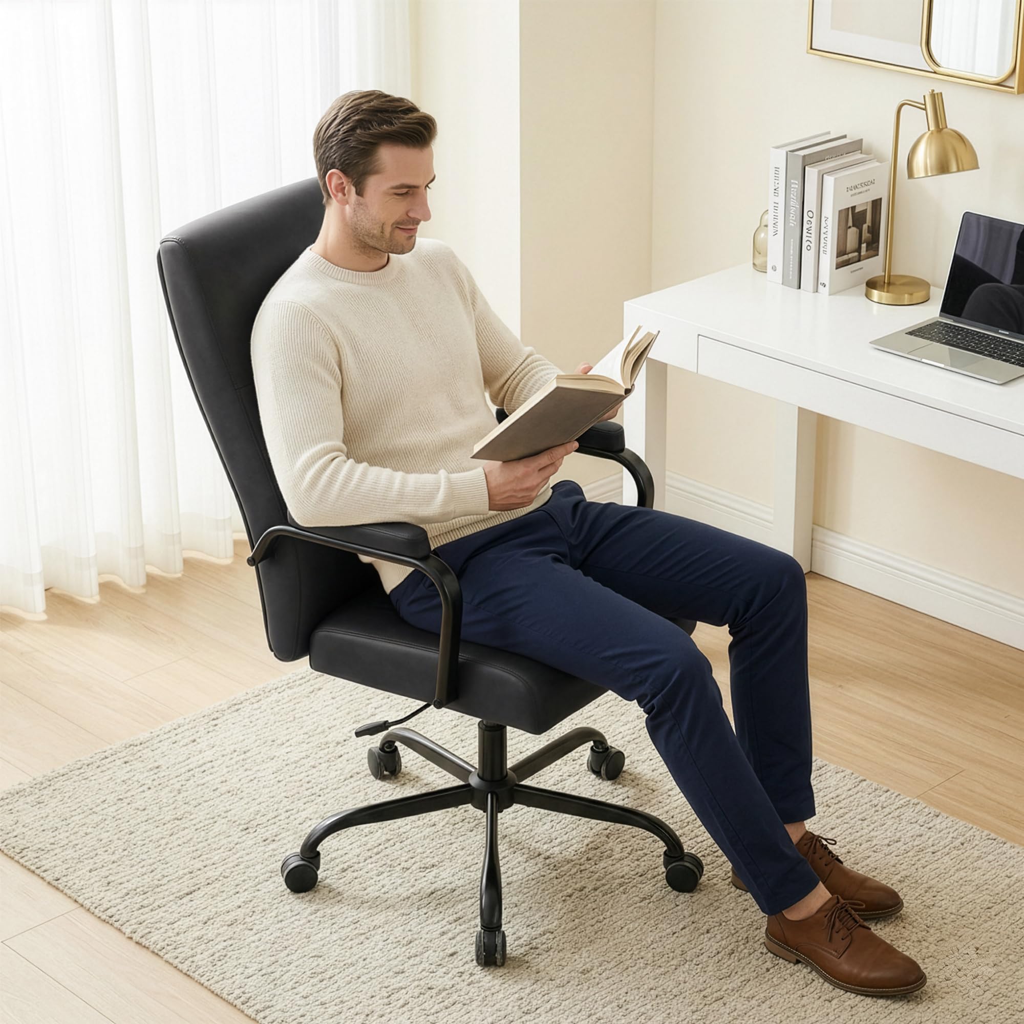 Office Desk Chair,Leather Conference Room Chairs with Wheels,Modern High Back Executive Office Chair with Memory Foam,Ergonomic Swivel Computer Chair for Home Office,Black