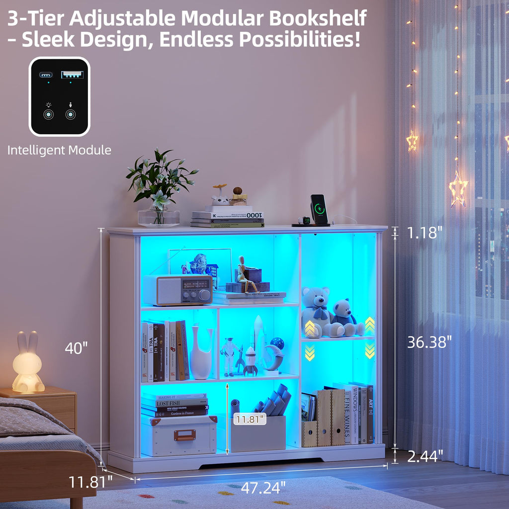LED Bookcase with 3 Tiers, Motion Sensor and USB Charging - White