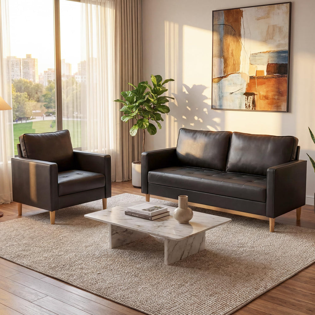Mid-Century Sectional Sofa Set for Living Room Faux Leather Office 2 Pcs Couch Set with Armrest Modern Upholstered Loveseat Couches (1-Seater+2-Seater, Black)