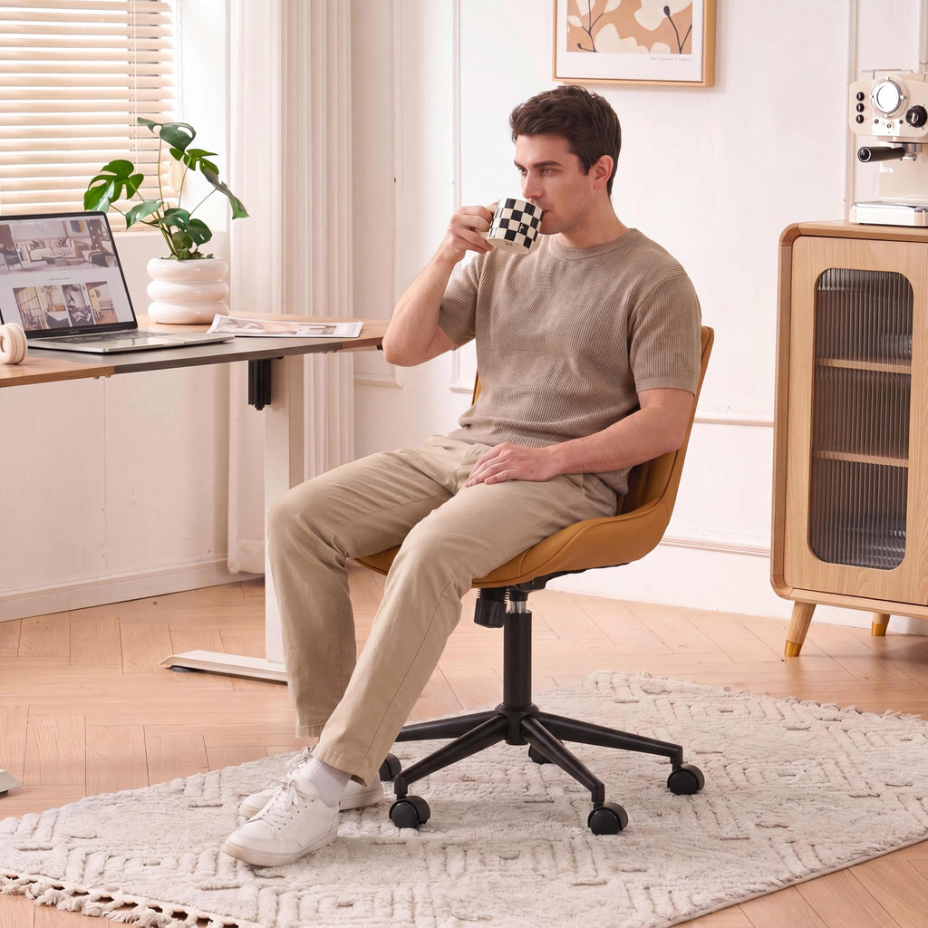 Ergonomic Home Office Chair with Wheels Comfy Armless Desk Chair with Back Adjustable Height Modern Leather Upholstered Swivel Vanity Chair Small Cute Rolling Task Computer Chair Tan