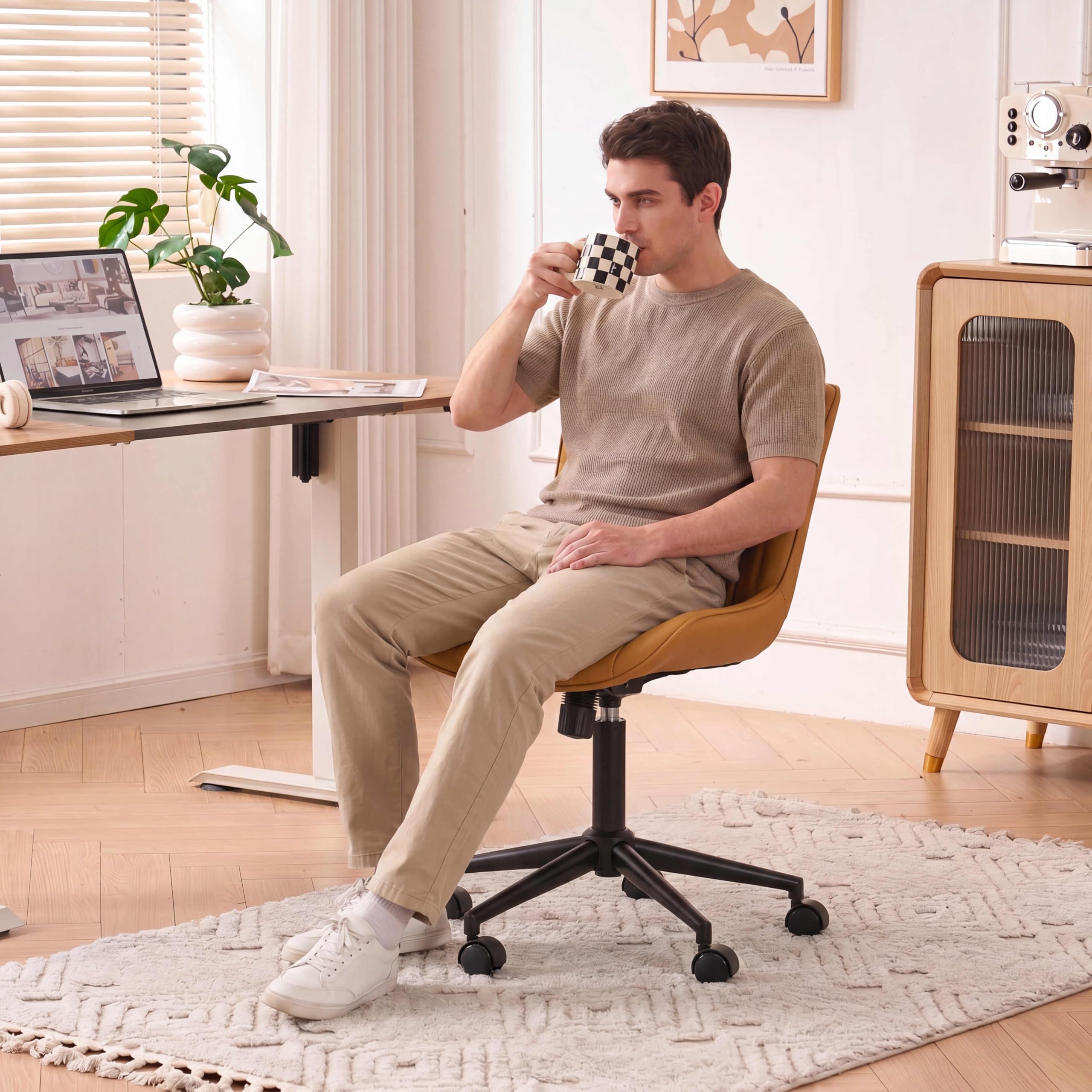 Ergonomic Home Office Chair with Wheels Comfy Armless Desk Chair with Back Adjustable Height Modern Leather Upholstered Swivel Vanity Chair Small Cute Rolling Task Computer Chair Tan