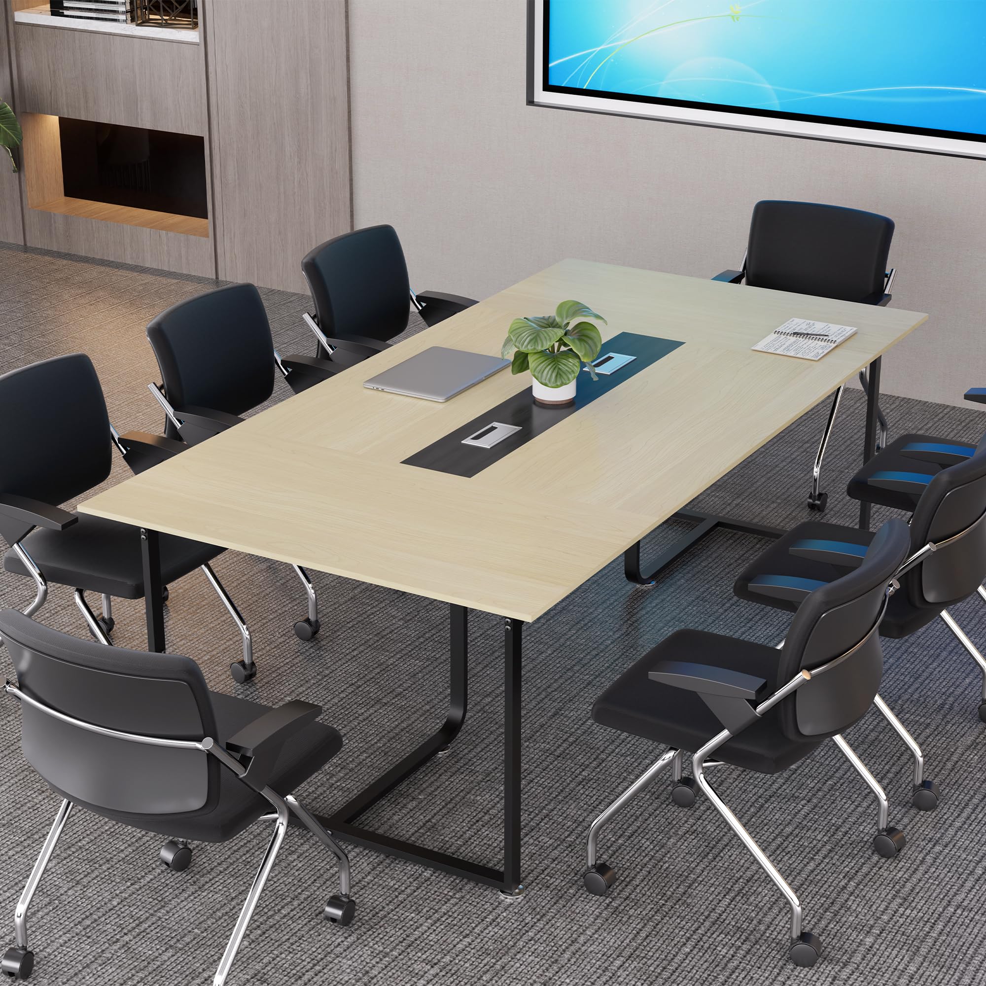 8FT Conference Table,94.4 L x 47.2 W x30.7 H Meeting Seminar Table with Grommet,Stability Enhancement,Large Conference Room Table for Office Meeting (Wood)