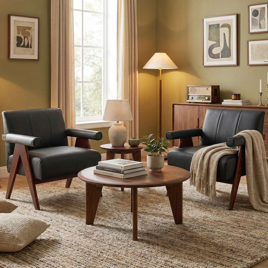 Mid Century Modern Accent Chairs Set of 2, Solid Wood Frame Black Leather Armchairs, Modern Reading & Living Room Chairs for Office Guest & Waiting Room