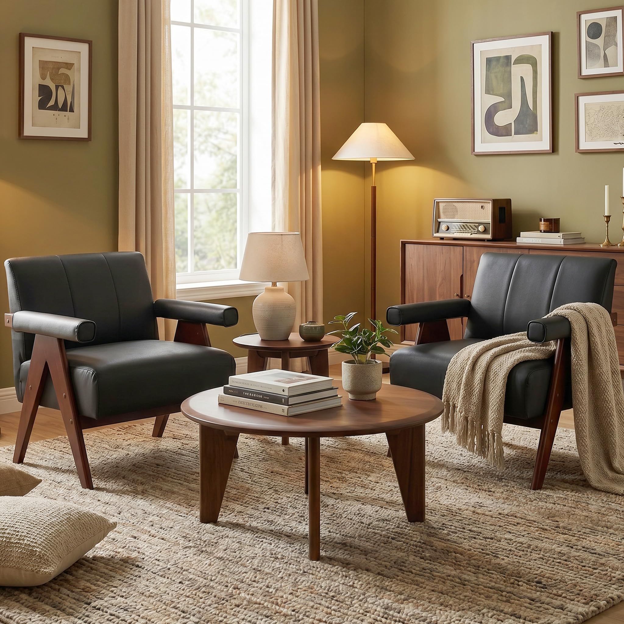 Mid Century Modern Accent Chairs Set of 2, Solid Wood Frame Black Leather Armchairs, Modern Reading & Living Room Chairs for Office Guest & Waiting Room