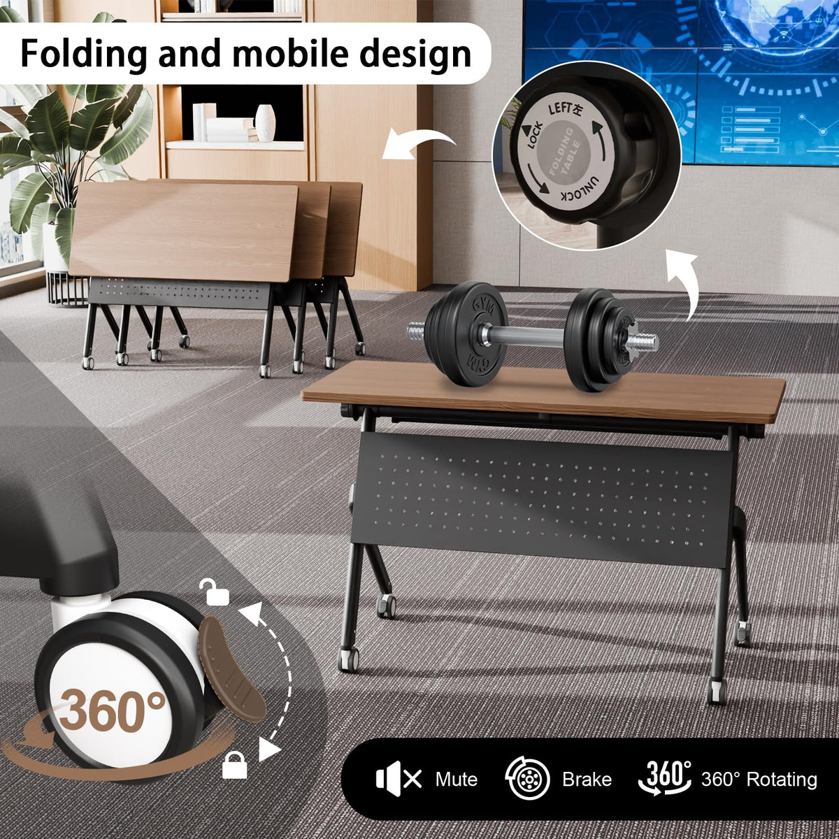 Conference Room Tables White,Folding Rectangular Flip Top Conference Table with Wheels for Large Meeting Seminar Home Office Classr (2, Walnut Black, 55.1in)