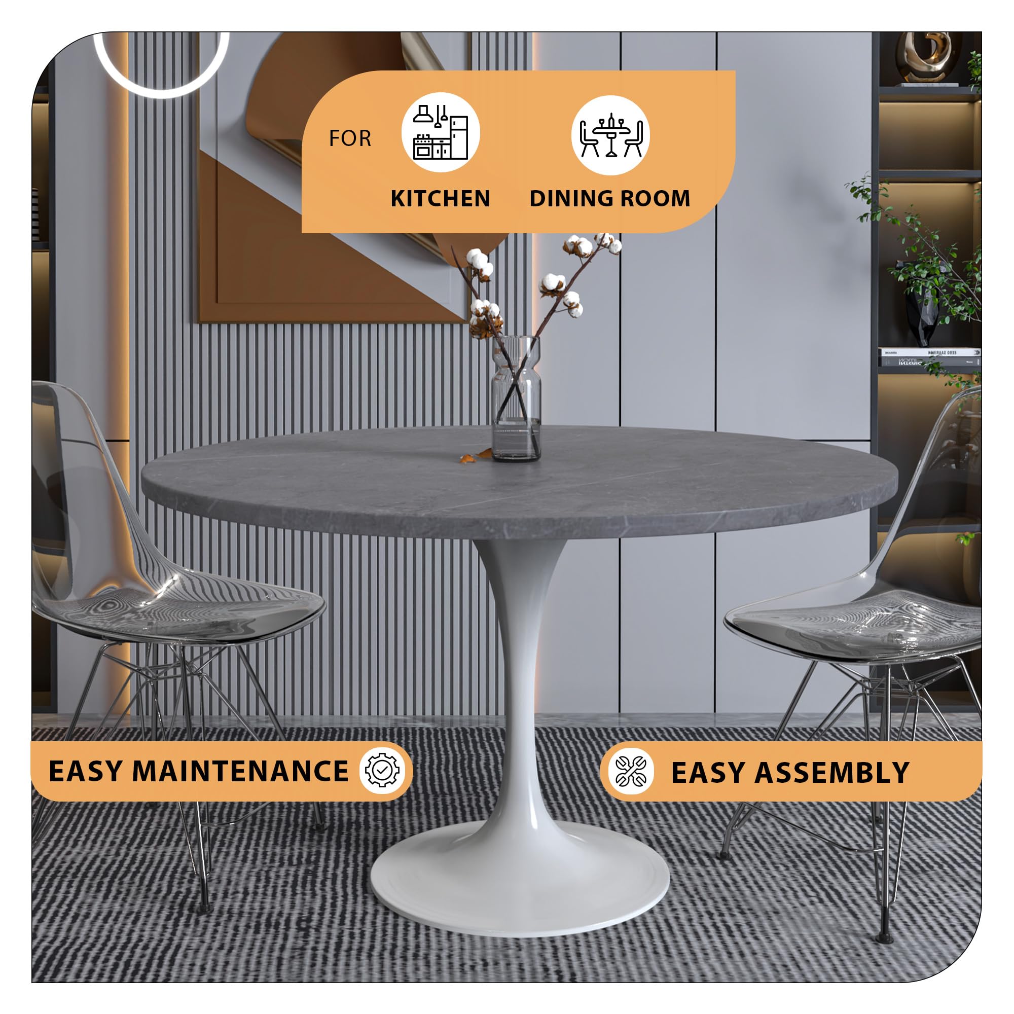 Verve Modern 48" Round Dining Table with Sintered Stone Tabletop in White Steel Pedestal Base for Kitchen and Dining Room (Grey)