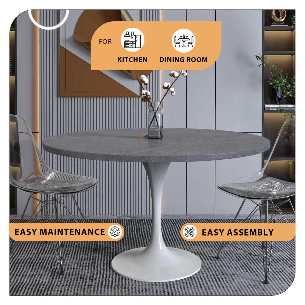 Verve Modern 48" Round Dining Table with Sintered Stone Tabletop in White Steel Pedestal Base for Kitchen and Dining Room (Grey)