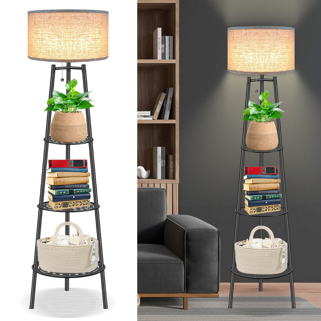 2 PCS Black Floor Lamp with Shelves for Living Room， Standing Lamp，Tall Lamp， Amparas Elegantes para Sala with Linen Shade，Modern Floor Lamp for Living Room，Bedroom or Office（Black ）
