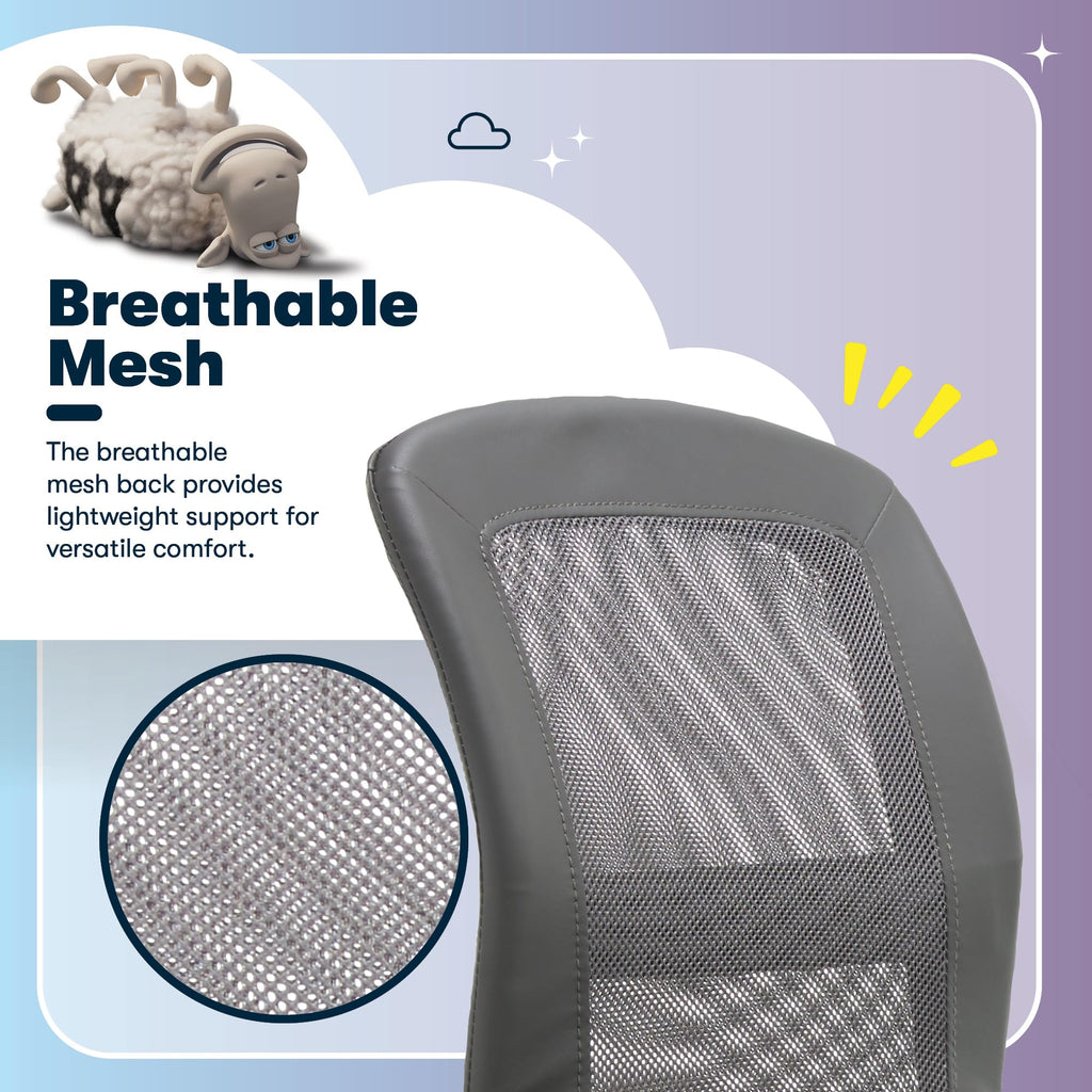 Essential Armless Chair, Small Desk Chairs with Wheels, Breathable Mesh Back and Faux Leather, Quality Foam Cushion Seat for Comfort, Minimal Design for Vanity Table, Gray